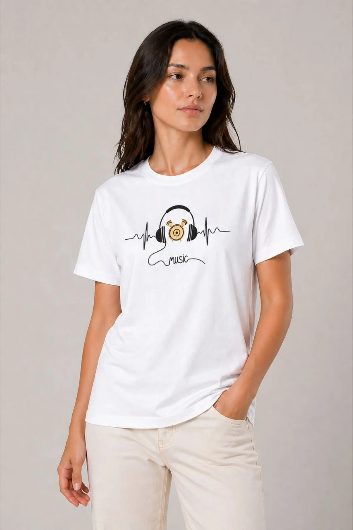 Kadın Müzik Temalı Baskılı Tişört Bisiklet Yaka Kısa Kol T-Shirt - Beyaz