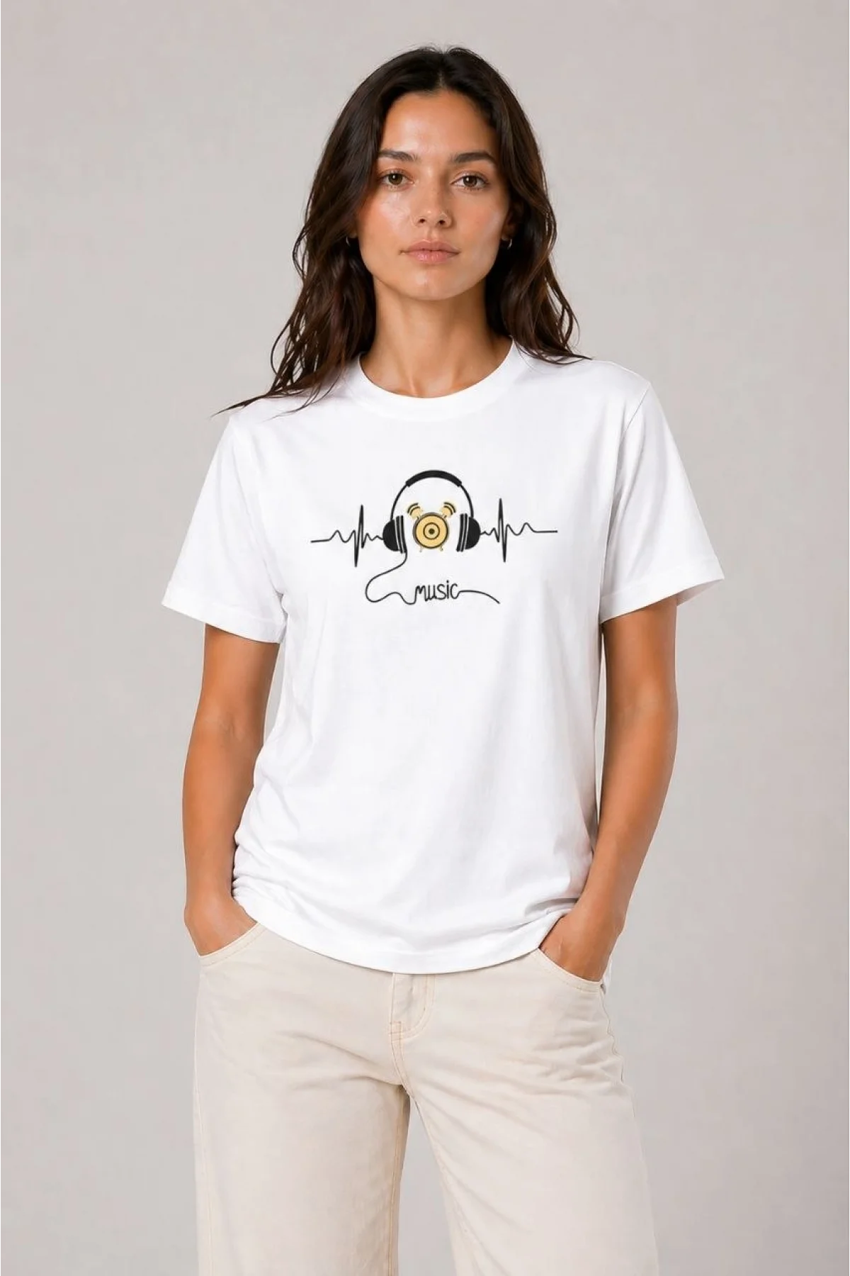 Kadın Müzik Temalı Baskılı Tişört Bisiklet Yaka Kısa Kol T-Shirt - Beyaz