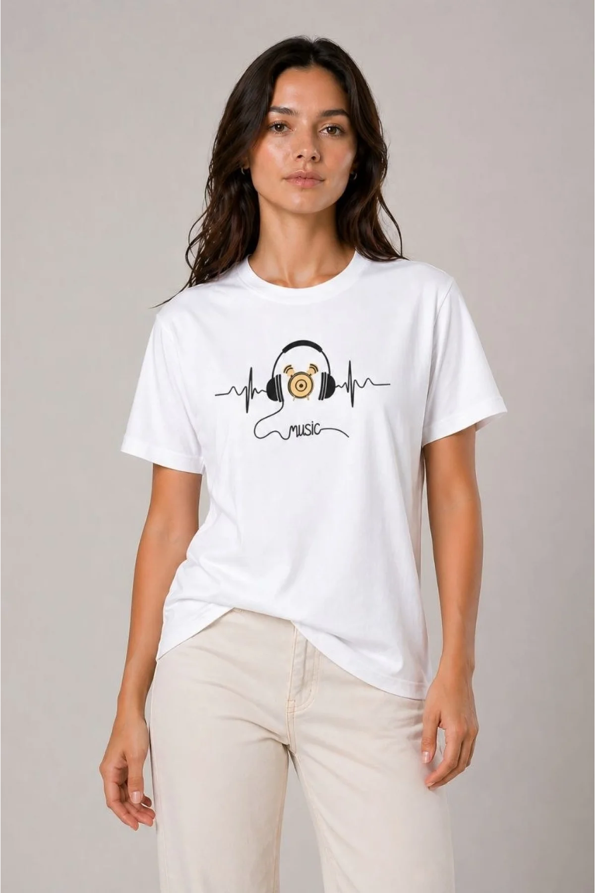 Kadın Müzik Temalı Baskılı Tişört Bisiklet Yaka Kısa Kol T-Shirt - Beyaz