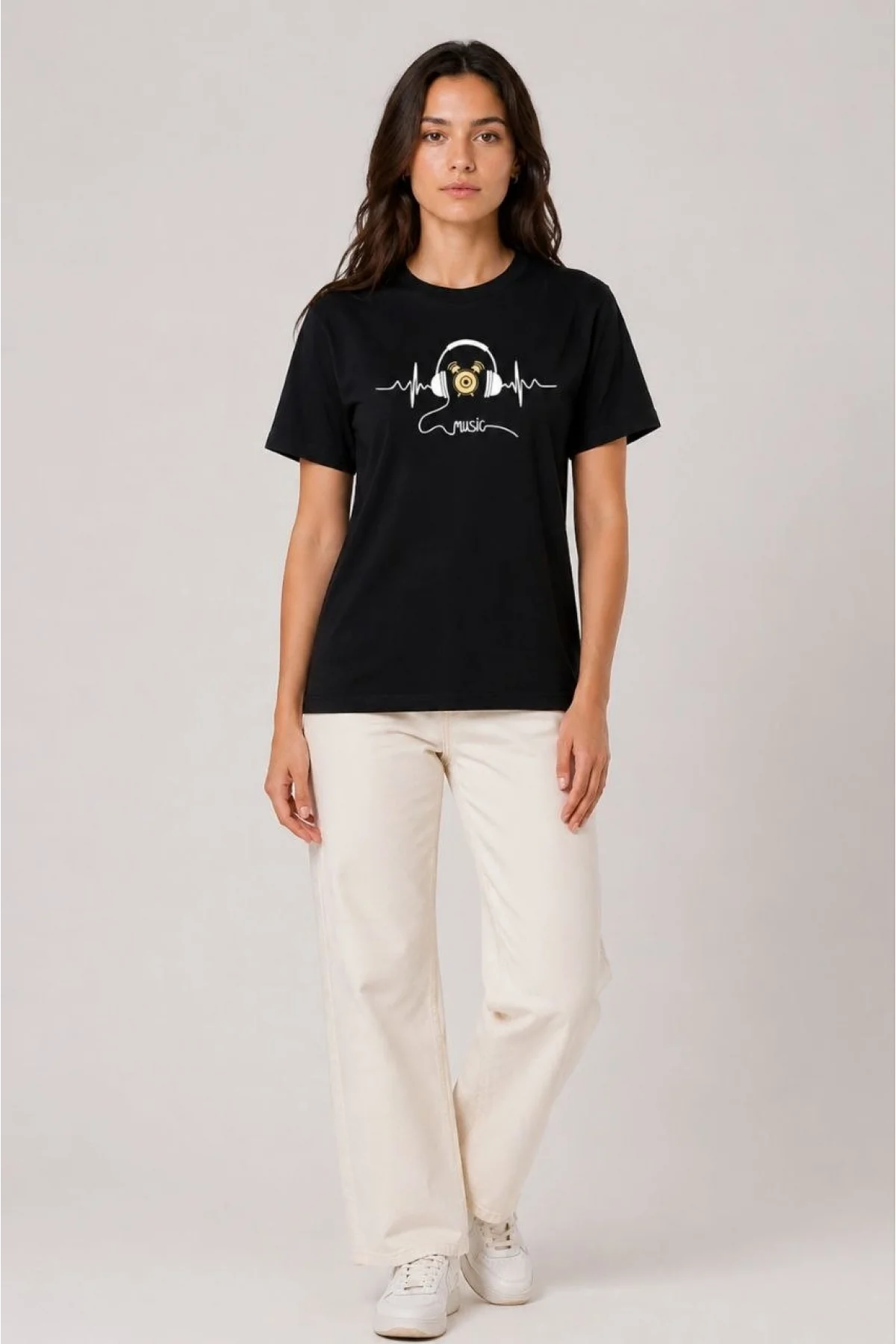 Kadın Müzik Temalı Baskılı Tişört Bisiklet Yaka Kısa Kol T-Shirt - Siyah