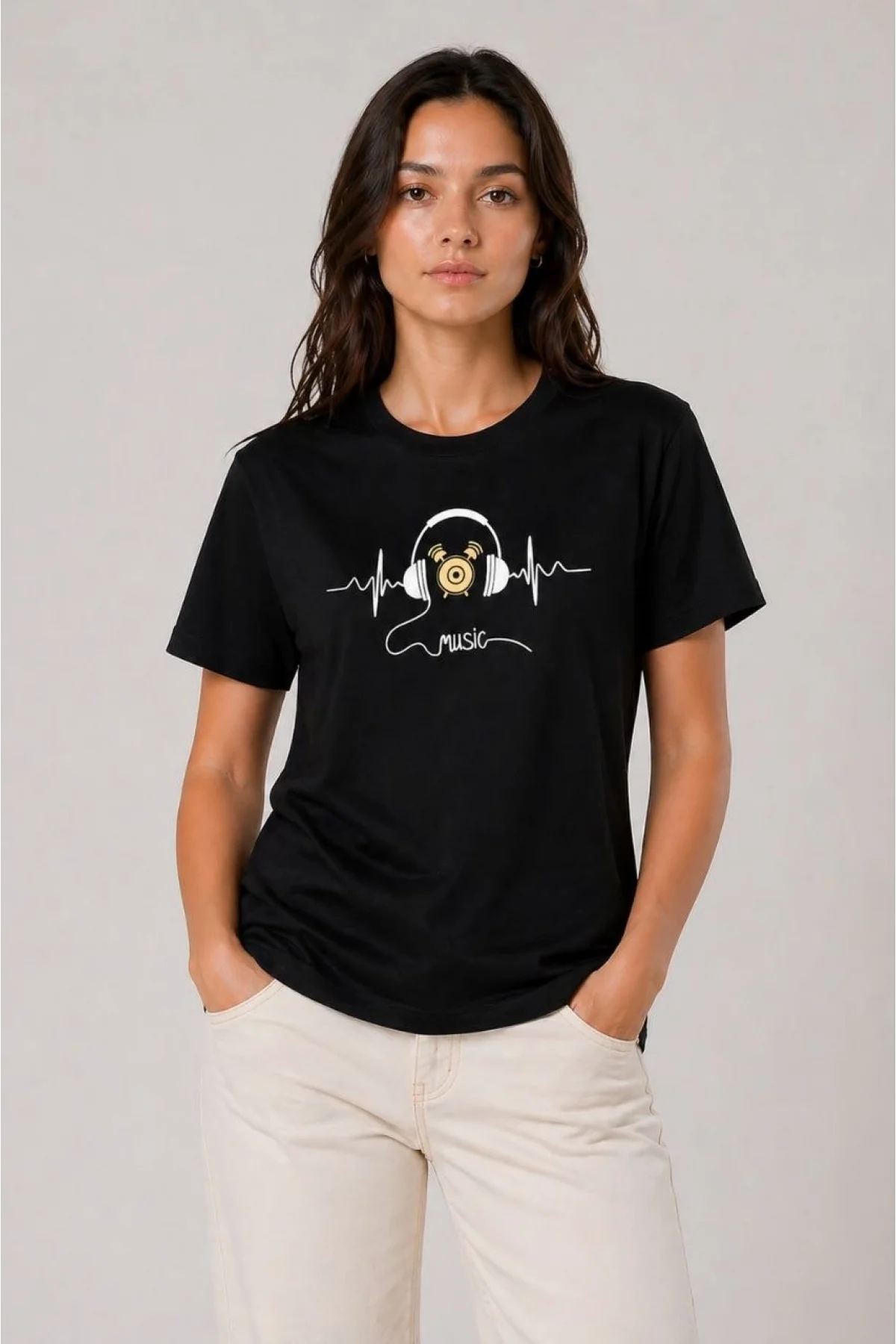 Kadın Müzik Temalı Baskılı Tişört Bisiklet Yaka Kısa Kol T-Shirt - Siyah