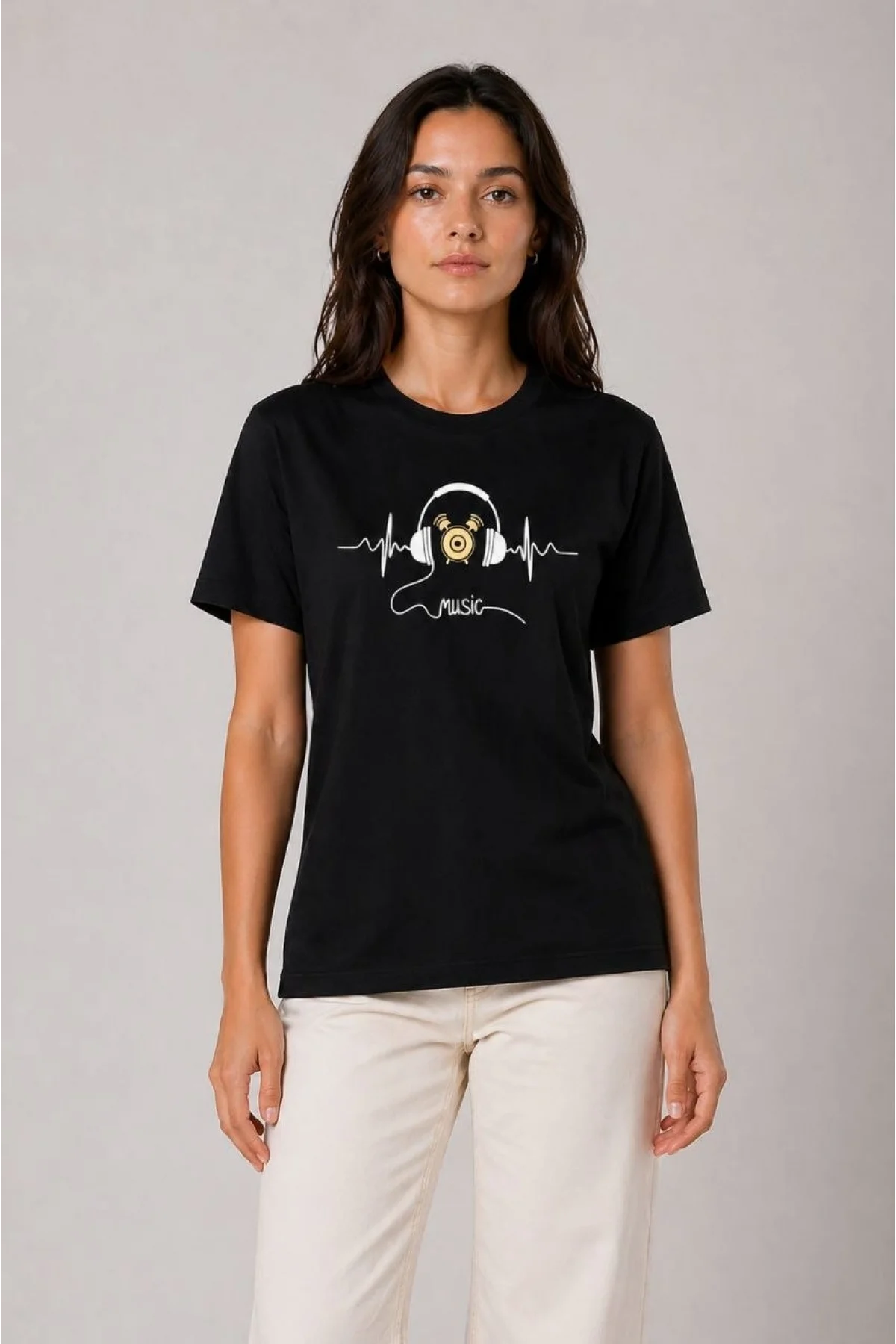 Kadın Müzik Temalı Baskılı Tişört Bisiklet Yaka Kısa Kol T-Shirt - Siyah