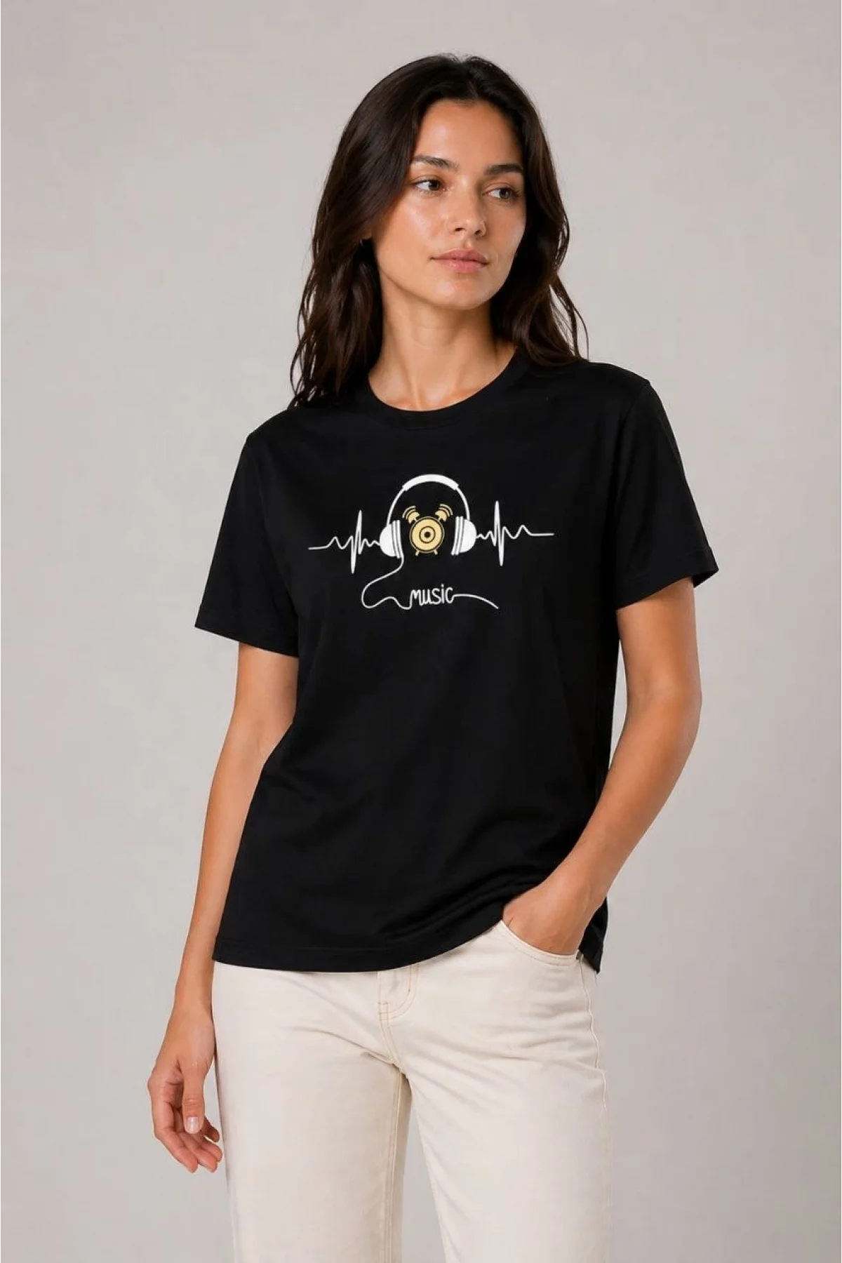 Kadın Müzik Temalı Baskılı Tişört Bisiklet Yaka Kısa Kol T-Shirt - Siyah