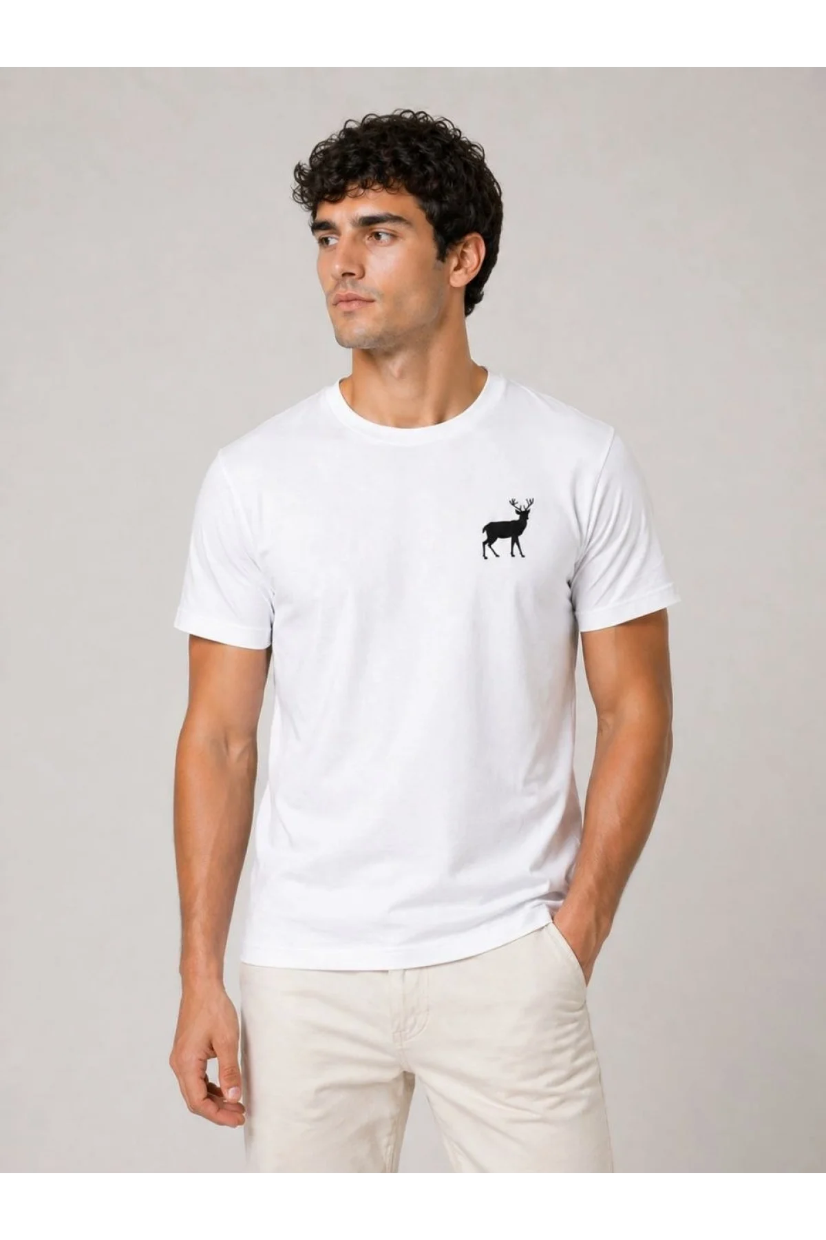 Erkek Minimal Geyik Logolu Tişört Bisiklet Yaka Kısa kol Yazlık T-Shirt - Beyaz
