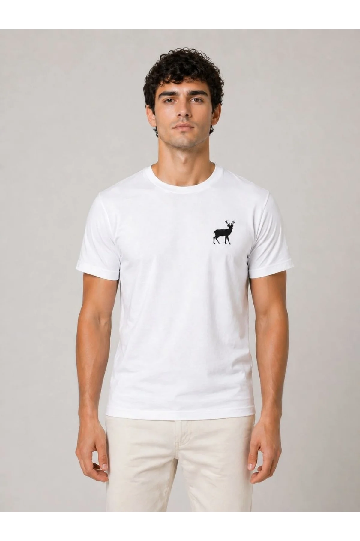 Erkek Minimal Geyik Logolu Tişört Bisiklet Yaka Kısa kol Yazlık T-Shirt - Beyaz