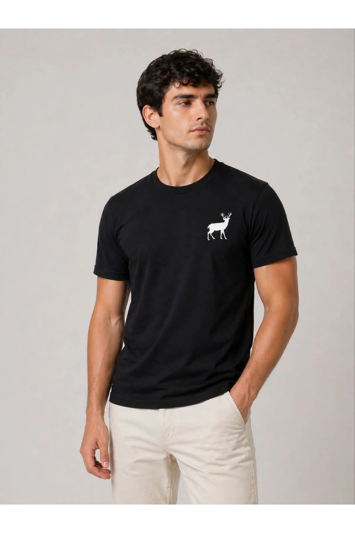 Erkek Minimal Geyik Logolu Tişört Bisiklet Yaka Kısa kol Yazlık T-Shirt - Siyah