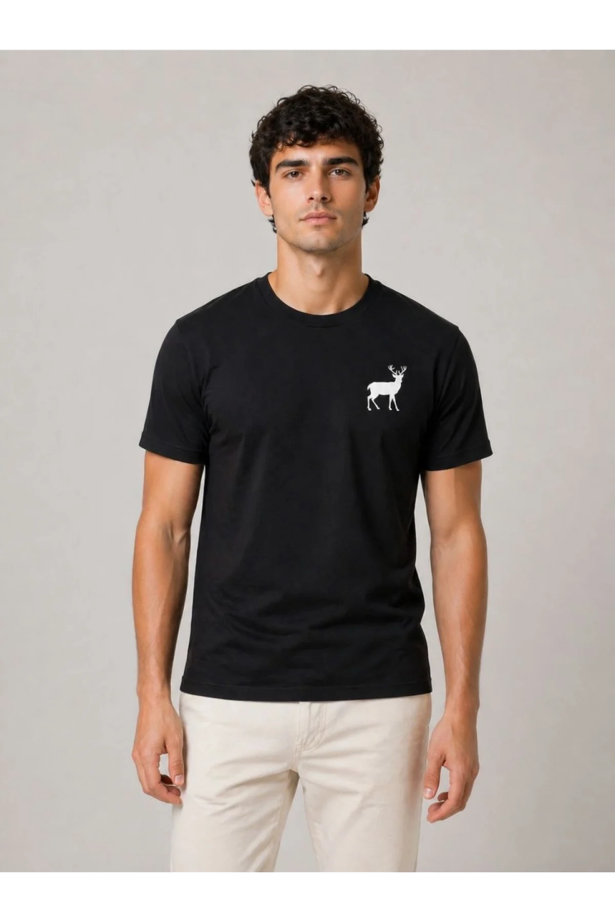 Erkek Minimal Geyik Logolu Tişört Bisiklet Yaka Kısa kol Yazlık T-Shirt - Siyah