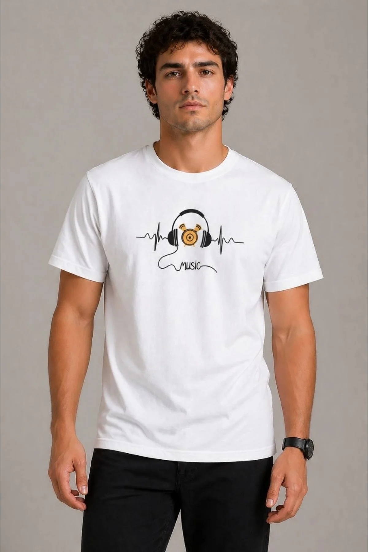 Erkek Müzik Temalı Baskılı Tişört Bisiklet Yaka Kısa Kol T-Shirt - Beyaz