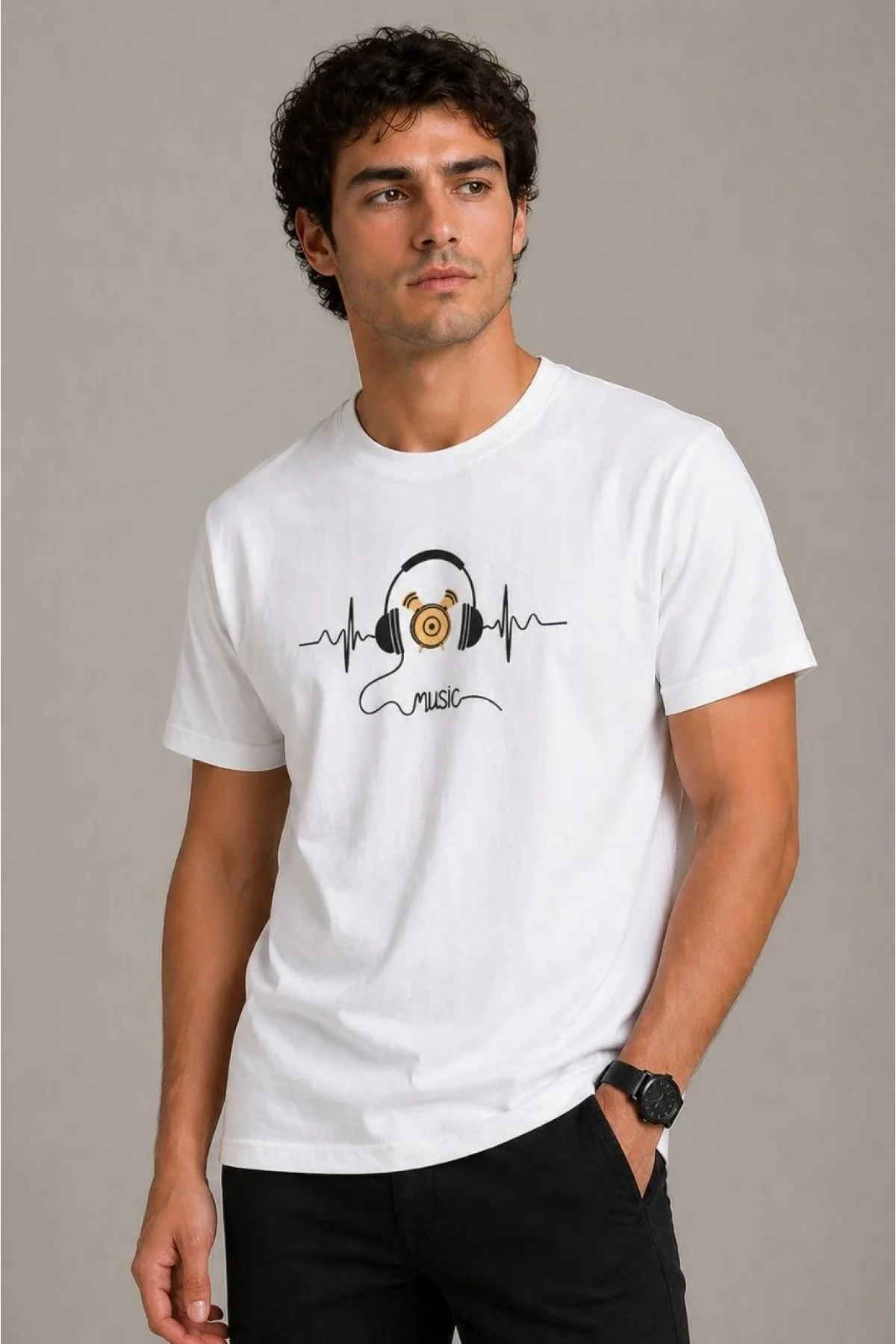 Erkek Müzik Temalı Baskılı Tişört Bisiklet Yaka Kısa Kol T-Shirt - Beyaz