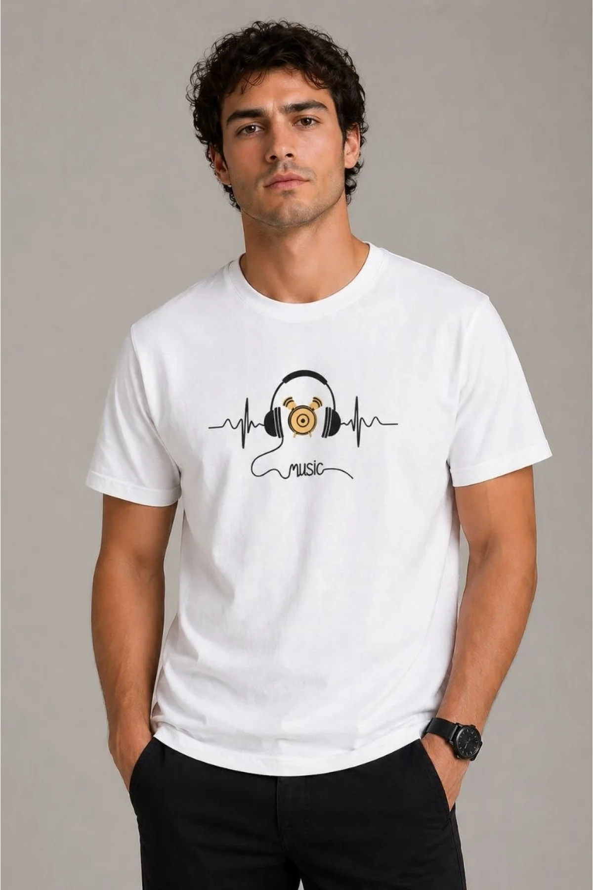 Erkek Müzik Temalı Baskılı Tişört Bisiklet Yaka Kısa Kol T-Shirt - Beyaz