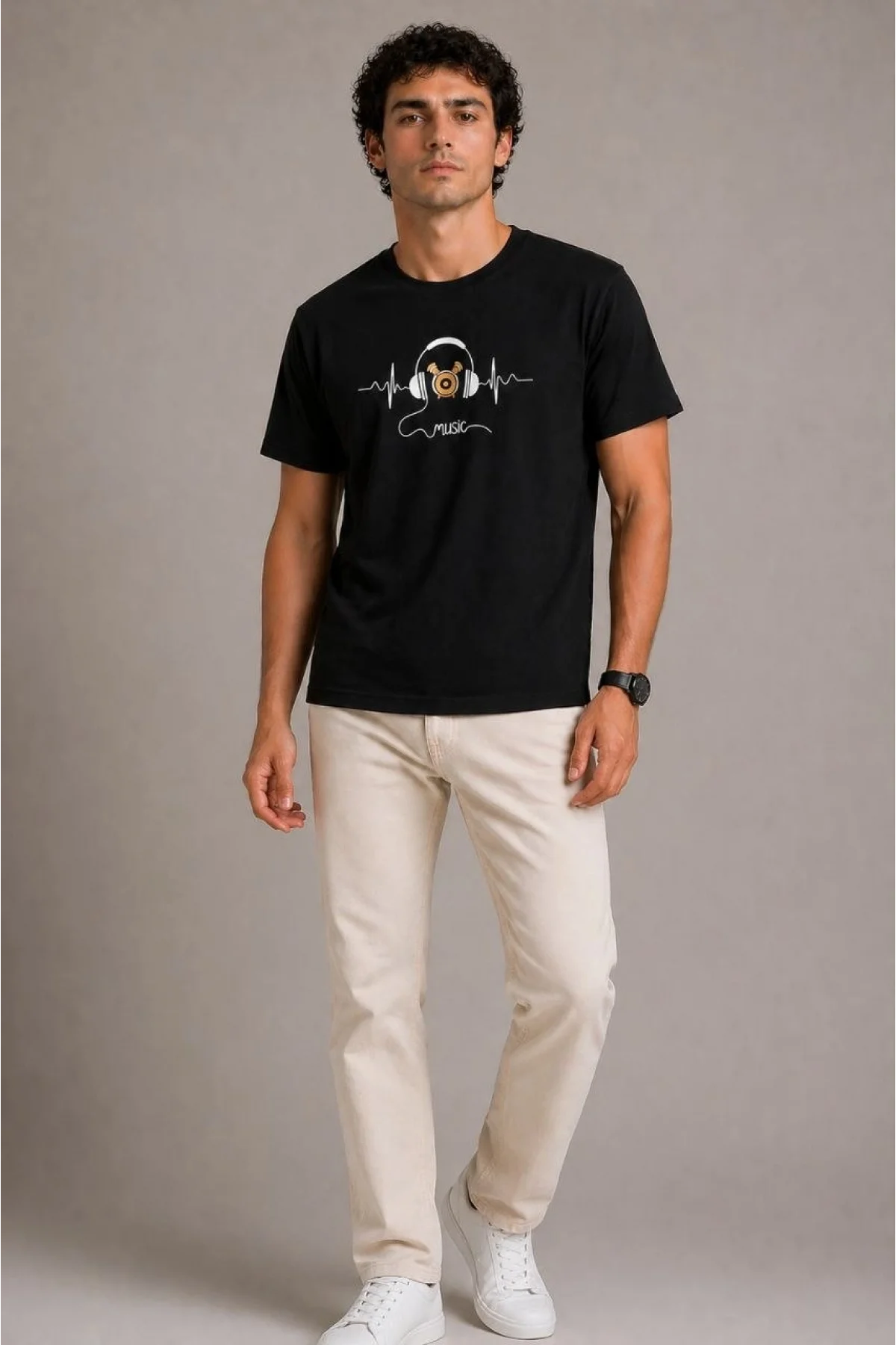 Erkek Müzik Temalı Baskılı Tişört Bisiklet Yaka Kısa Kol T-Shirt - Siyah