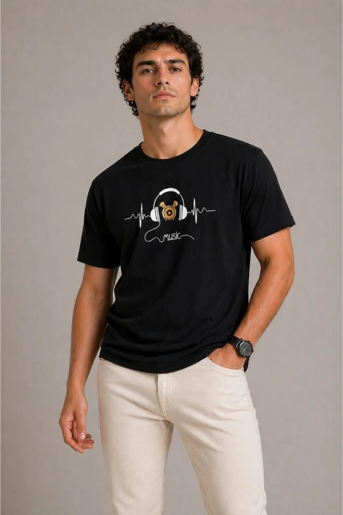 Erkek Müzik Temalı Baskılı Tişört Bisiklet Yaka Kısa Kol T-Shirt - Siyah