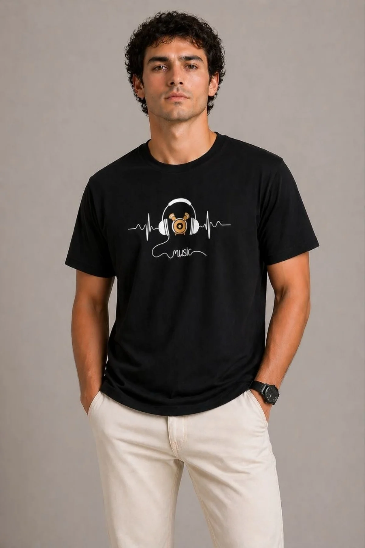 Erkek Müzik Temalı Baskılı Tişört Bisiklet Yaka Kısa Kol T-Shirt - Siyah