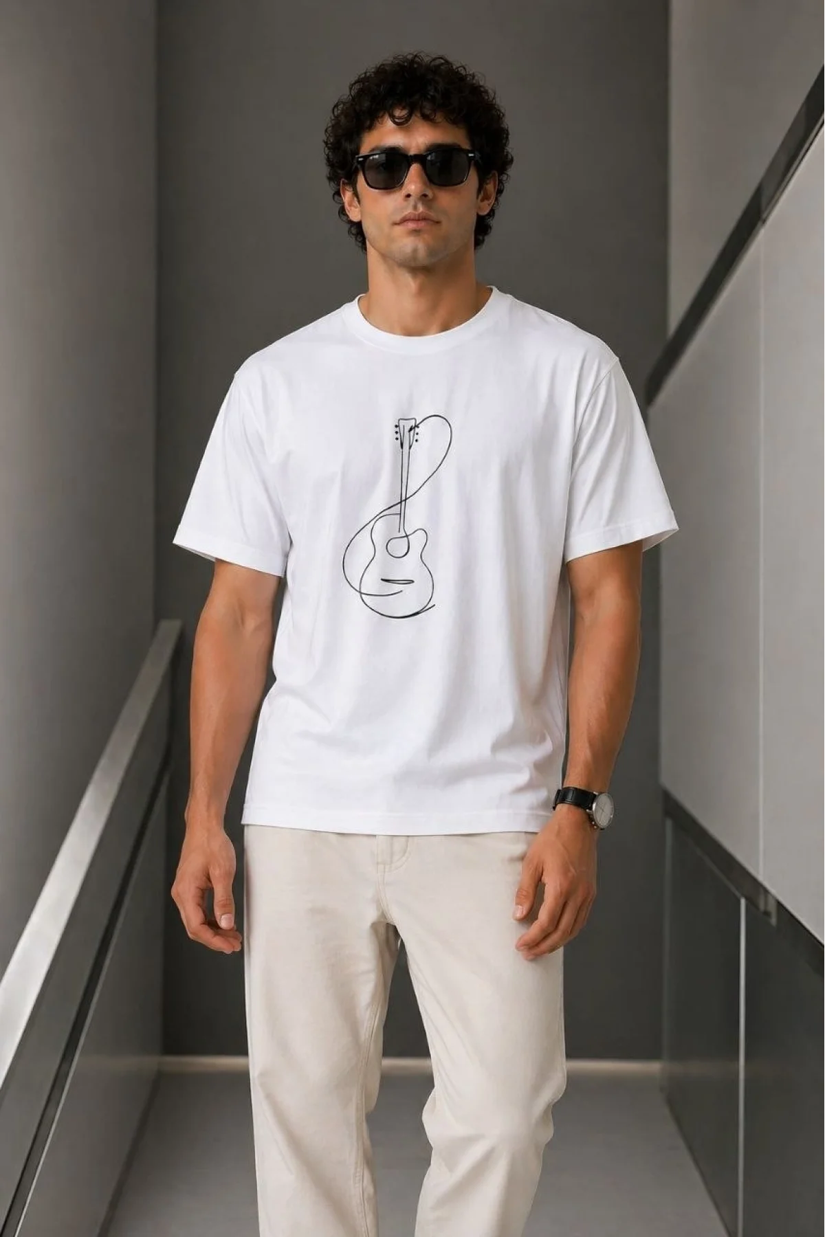Erkek Minimal Gitar Baskılı Tişört T-Shirt Yazlık Kısa Kol Bisiklet Yaka T-Shirt - Beyaz