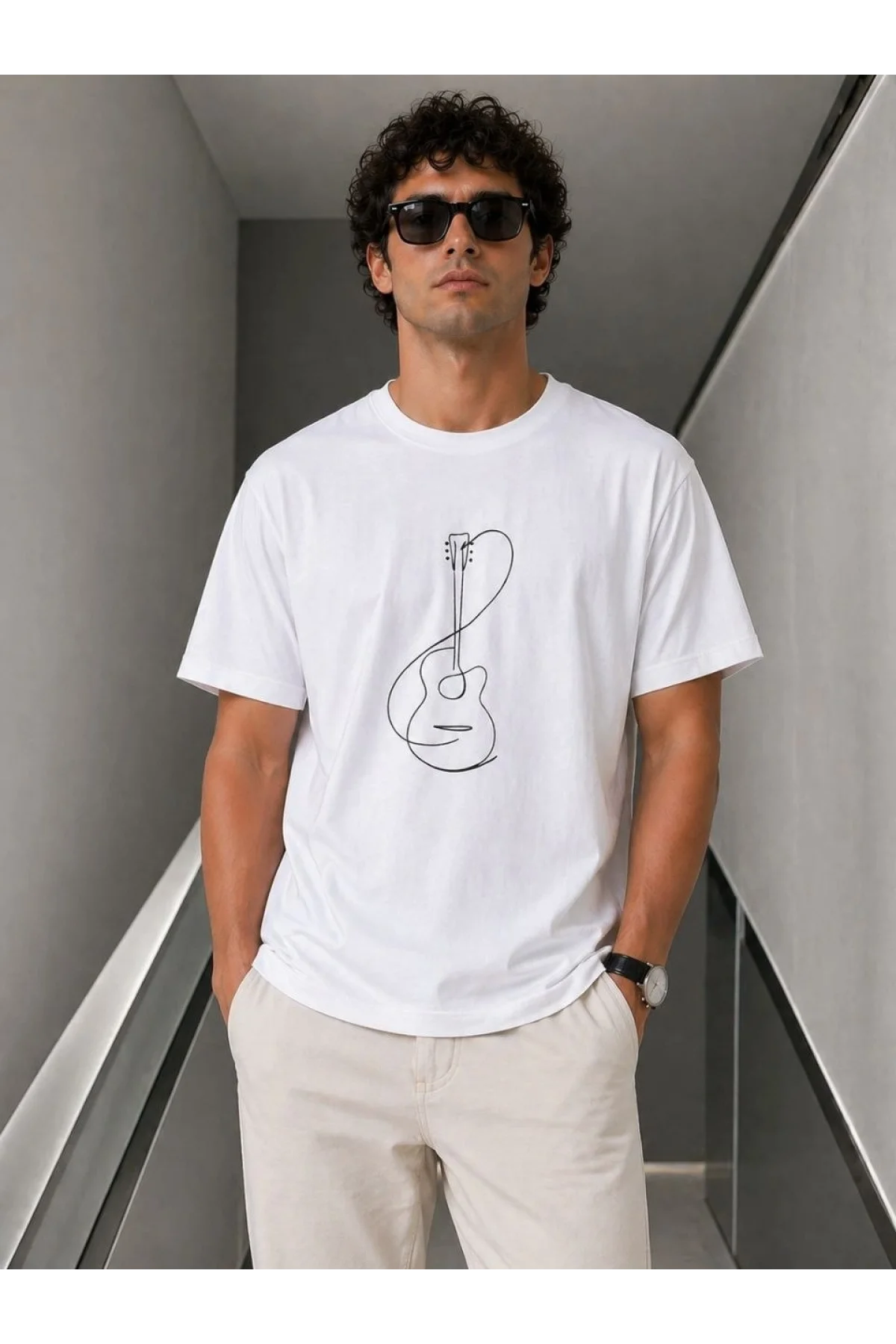 Erkek Minimal Gitar Baskılı Tişört T-Shirt Yazlık Kısa Kol Bisiklet Yaka T-Shirt - Beyaz