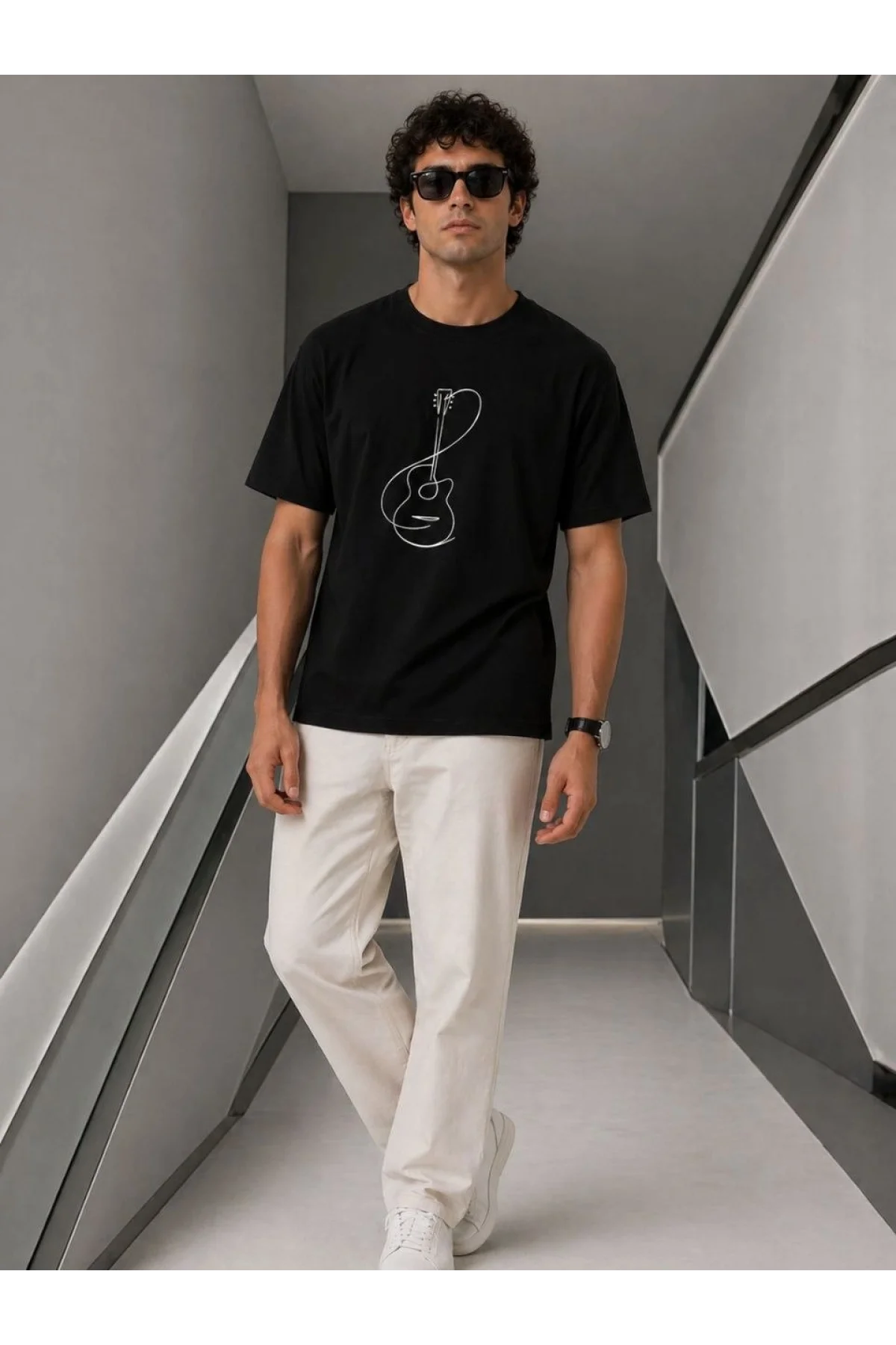 Erkek Minimal Gitar Baskılı Tişört T-Shirt Yazlık Kısa Kol Bisiklet Yaka T-Shirt - Siyah