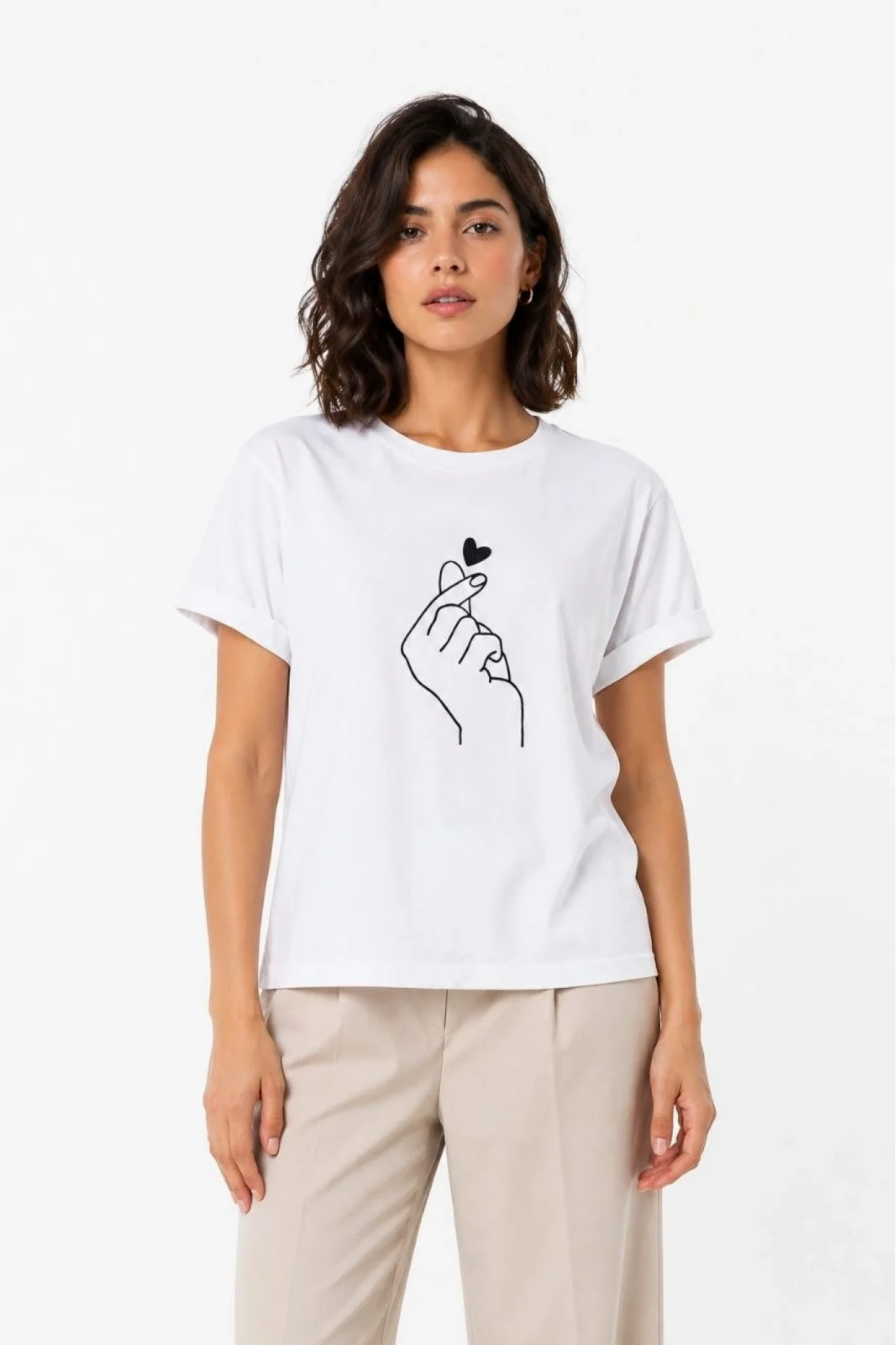 Kadın Kore Parmak Kalp Aşk Temalı Minimal Baskılı Tişört Yazlık Kısa Kol T-Shirt  - Beyaz