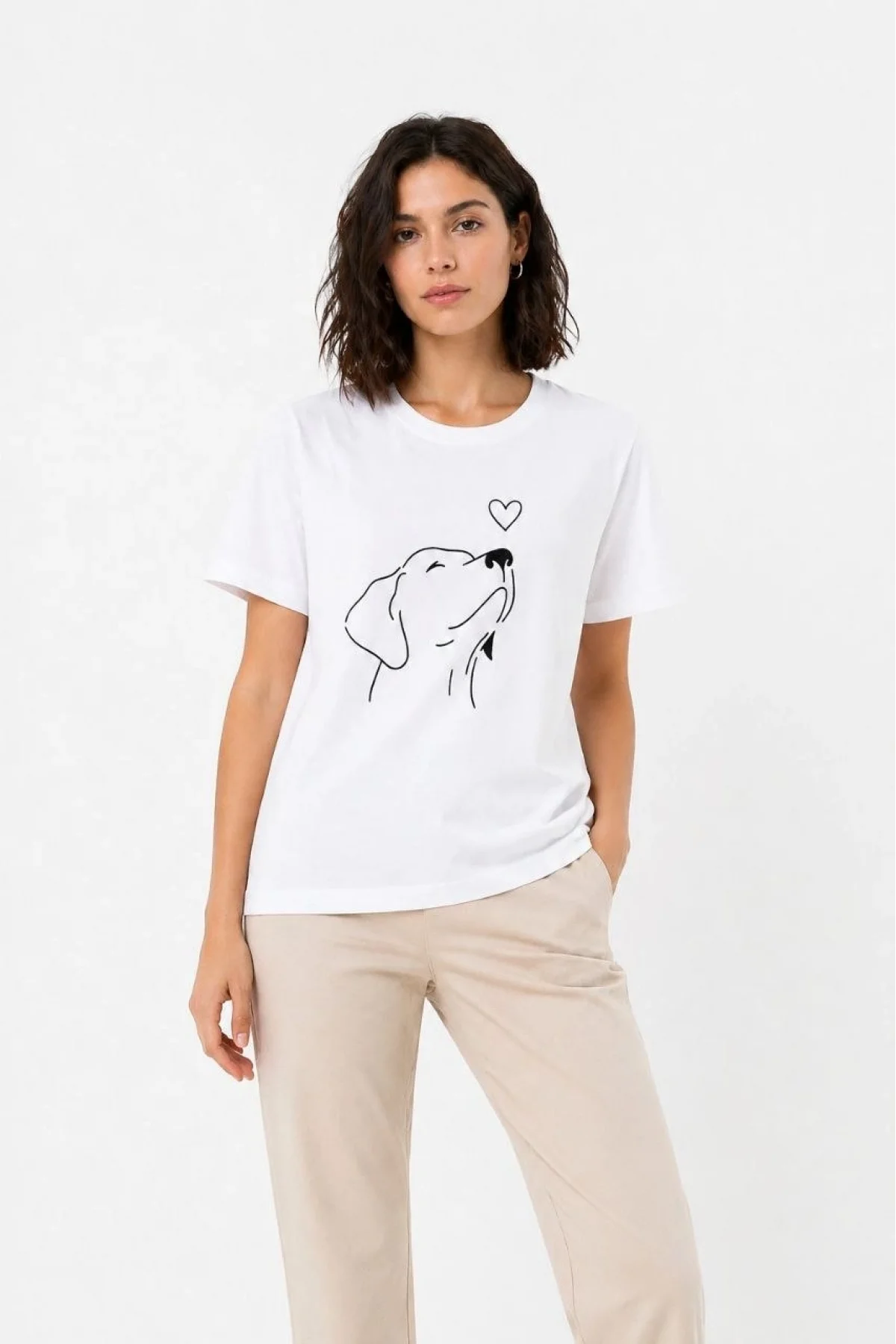 Kadın Köpek Figürlü Minimal Baskılı Tişört Kısa Kol Yazlık T-Shirt - Beyaz