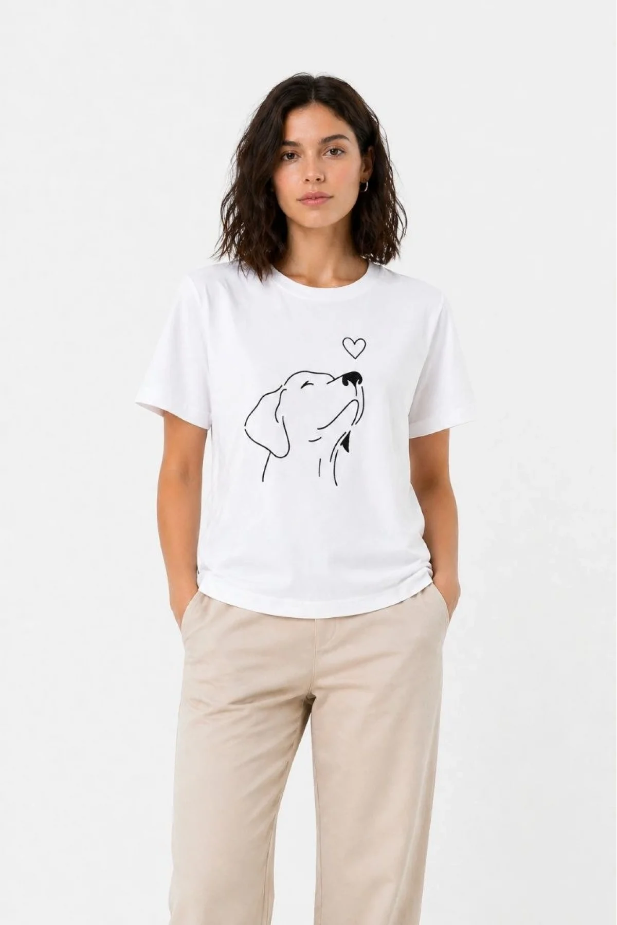 Kadın Köpek Figürlü Minimal Baskılı Tişört Kısa Kol Yazlık T-Shirt - Beyaz
