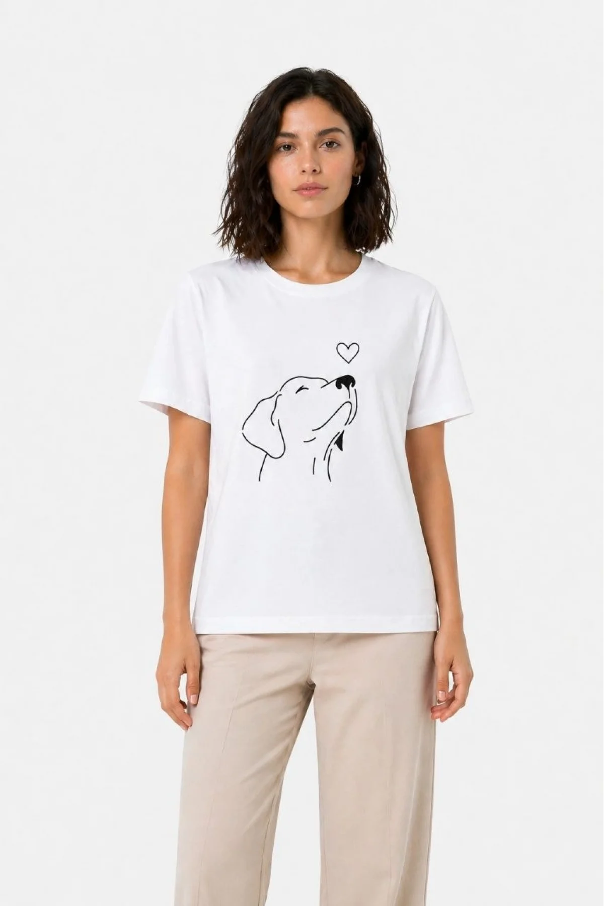 Kadın Köpek Figürlü Minimal Baskılı Tişört Kısa Kol Yazlık T-Shirt - Beyaz