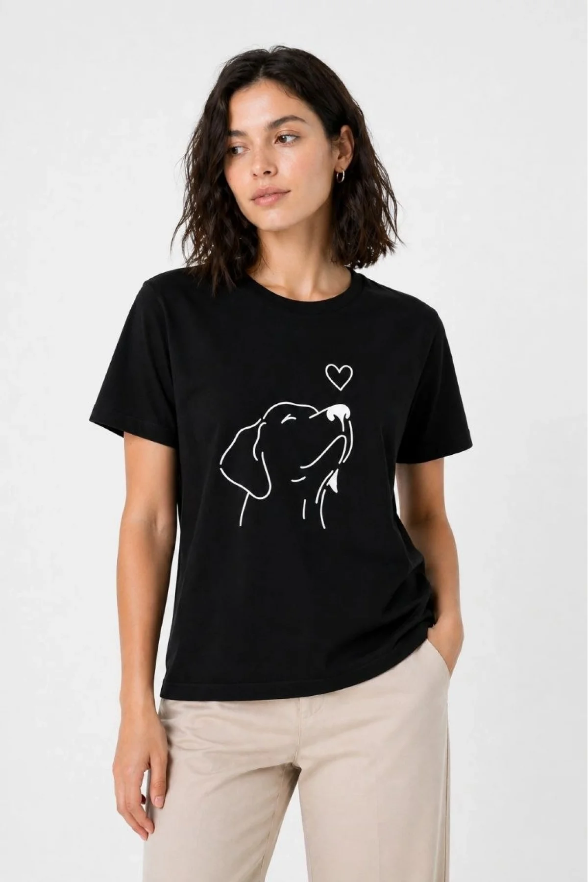 Kadın Köpek Figürlü Minimal Baskılı Tişört Kısa Kol Yazlık T-Shirt - Siyah