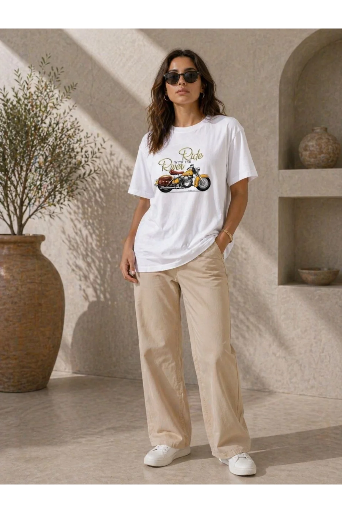 Kadın Motosiklet Baskılı Tişört Bisiklet Yaka Kısa Kol Yazlık T-Shirt - Beyaz