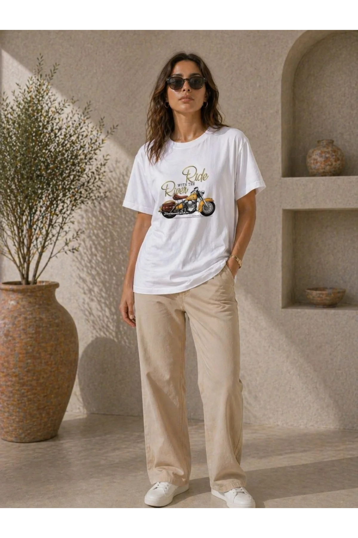 Kadın Motosiklet Baskılı Tişört Bisiklet Yaka Kısa Kol Yazlık T-Shirt - Beyaz