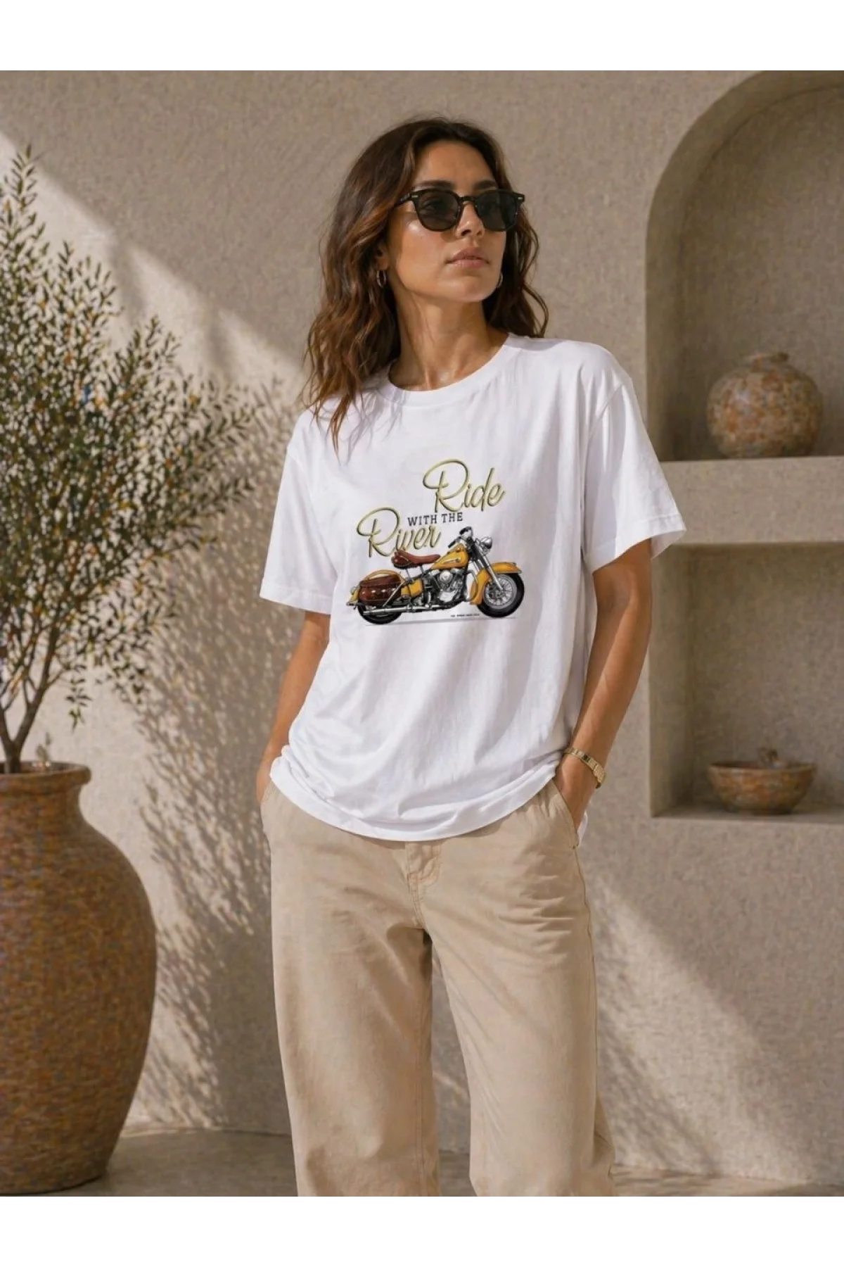 Kadın Motosiklet Baskılı Tişört Bisiklet Yaka Kısa Kol Yazlık T-Shirt - Beyaz