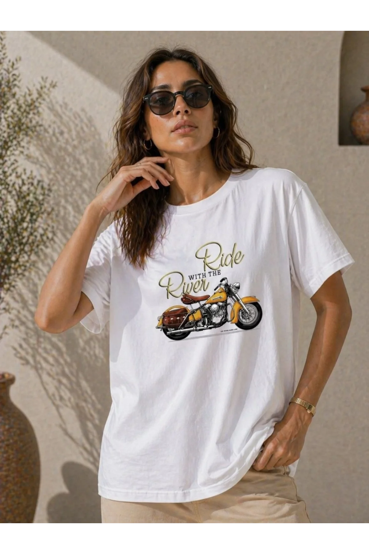 Kadın Motosiklet Baskılı Tişört Bisiklet Yaka Kısa Kol Yazlık T-Shirt - Beyaz