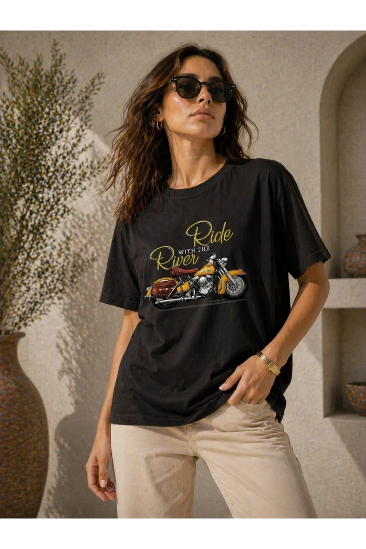 Kadın Motosiklet Baskılı Tişört Bisiklet Yaka Kısa Kol Yazlık T-Shirt - Siyah