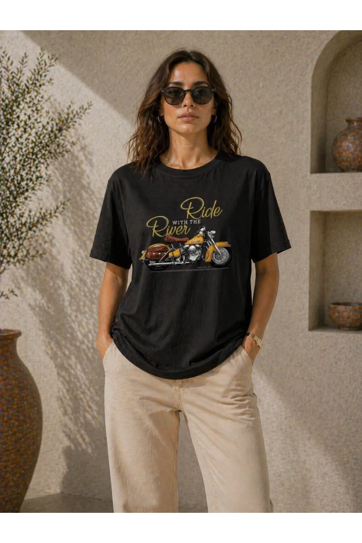 Kadın Motosiklet Baskılı Tişört Bisiklet Yaka Kısa Kol Yazlık T-Shirt - Siyah