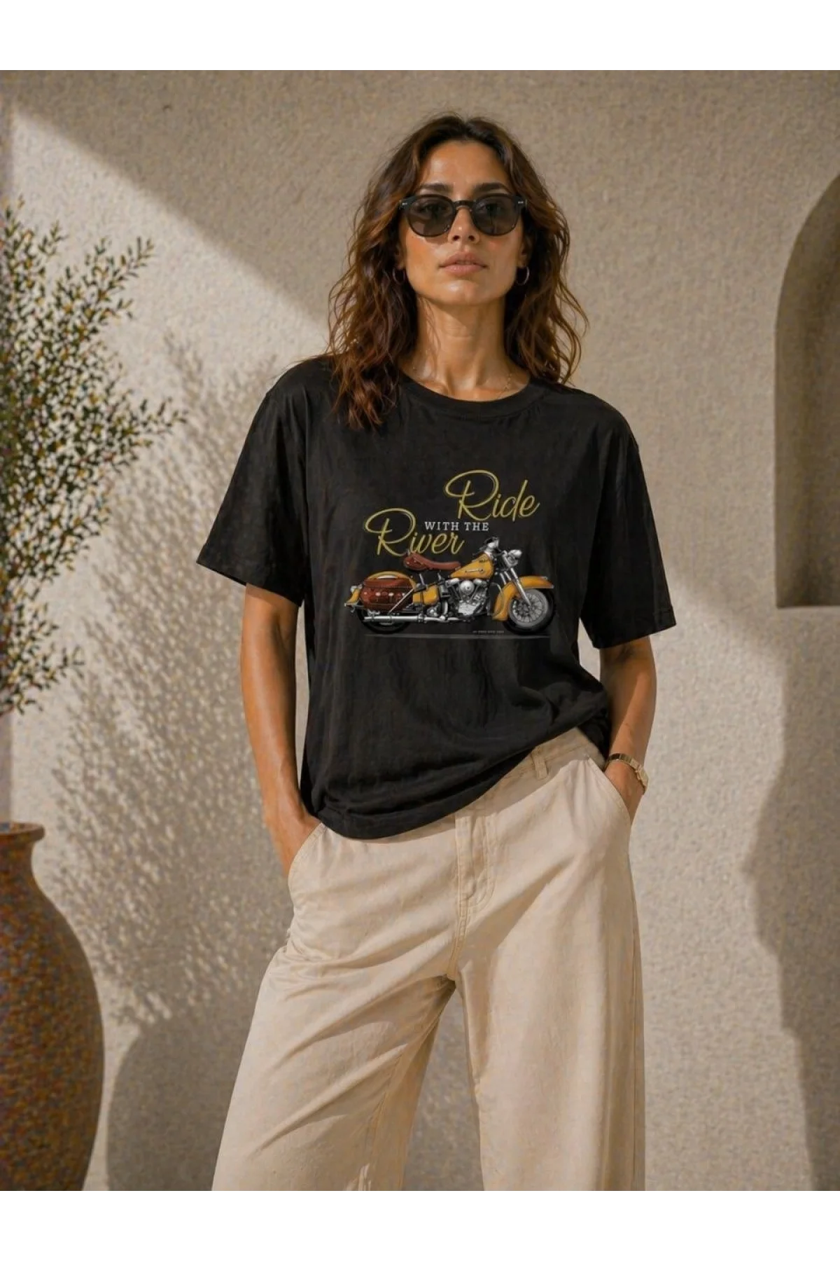 Kadın Motosiklet Baskılı Tişört Bisiklet Yaka Kısa Kol Yazlık T-Shirt - Siyah