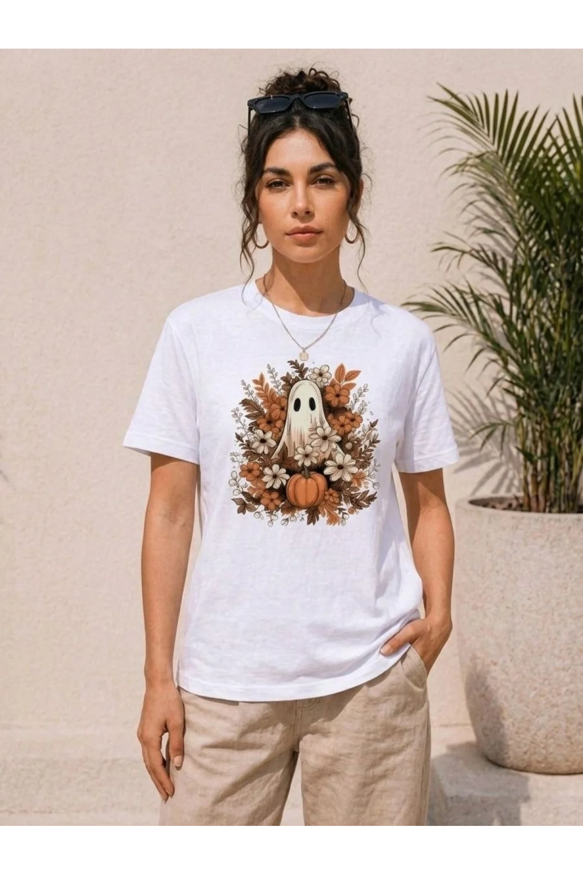 Kadın Balkabağı Hayalet Baskılı Tişört Kısa Kol Yazlık T-Shirt - Beyaz