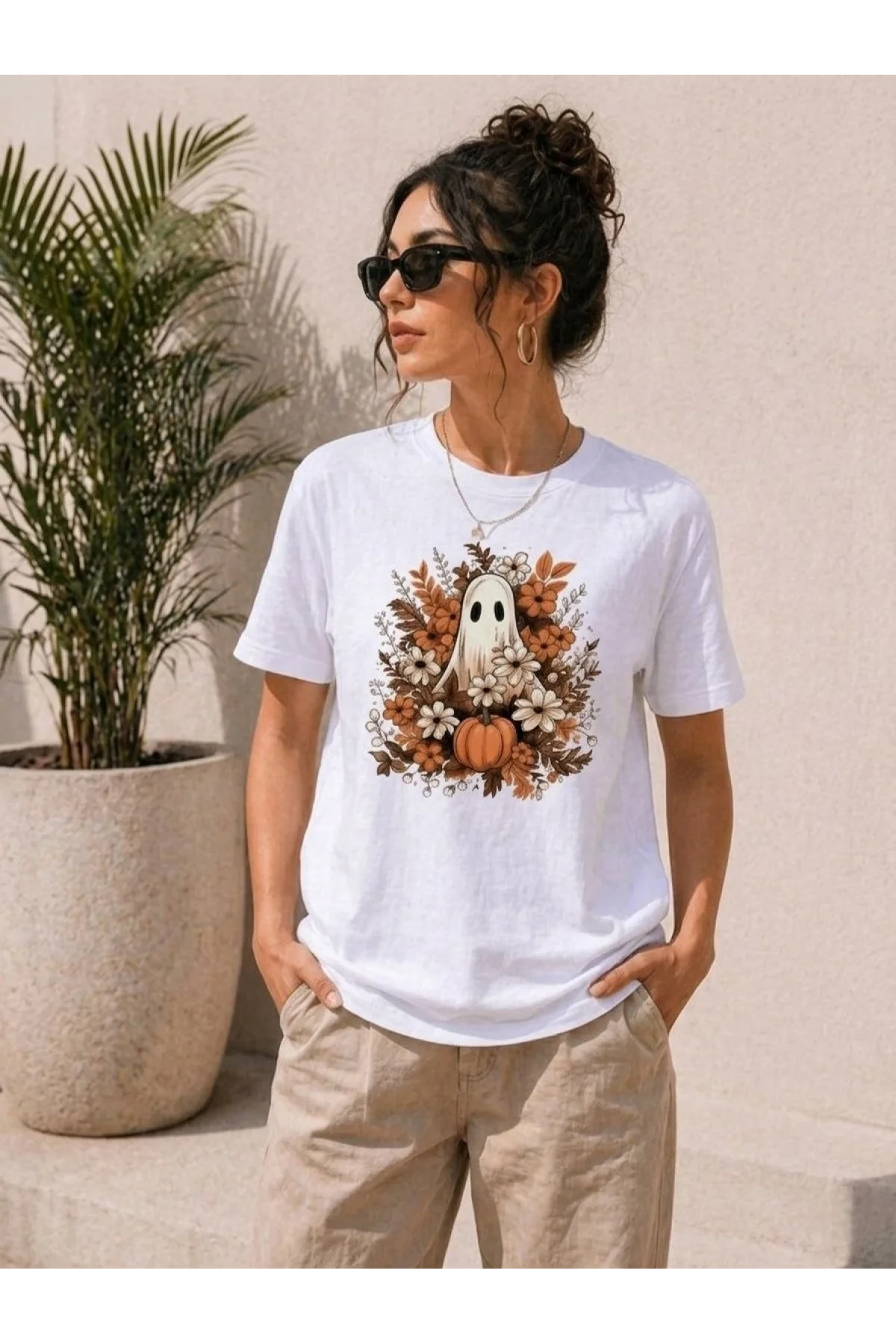 Kadın Balkabağı Hayalet Baskılı Tişört Kısa Kol Yazlık T-Shirt - Beyaz