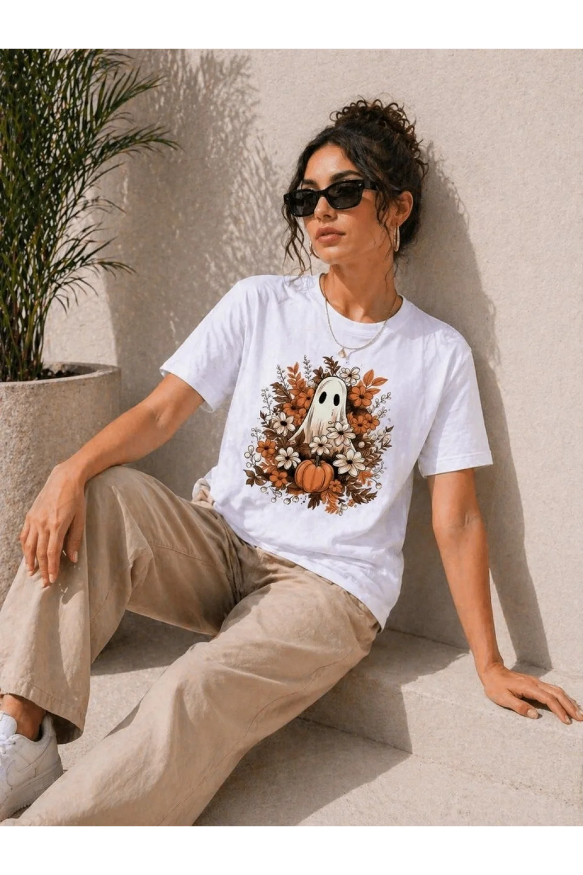 Kadın Balkabağı Hayalet Baskılı Tişört Kısa Kol Yazlık T-Shirt - Beyaz