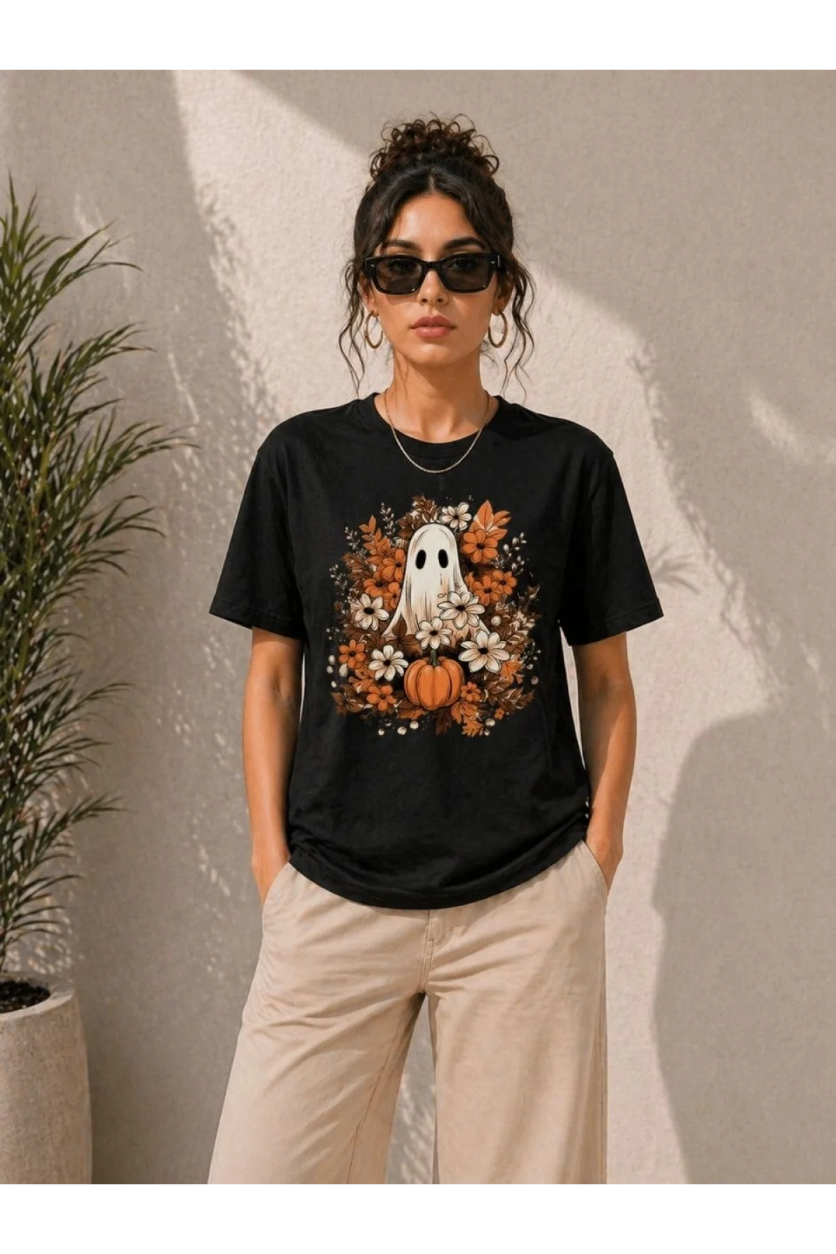 Kadın Balkabağı Hayalet Baskılı Tişört Kısa Kol Yazlık T-Shirt - Siyah