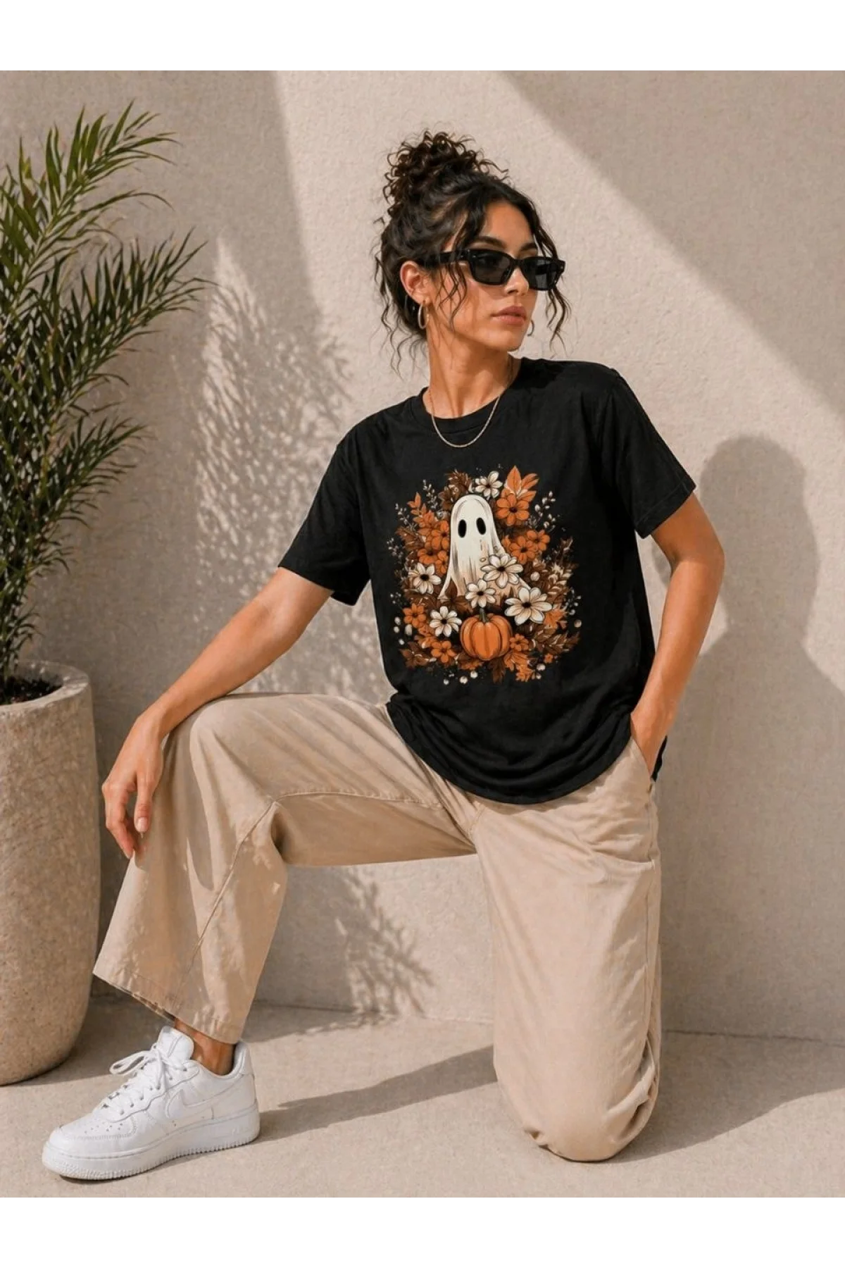 Kadın Balkabağı Hayalet Baskılı Tişört Kısa Kol Yazlık T-Shirt - Siyah
