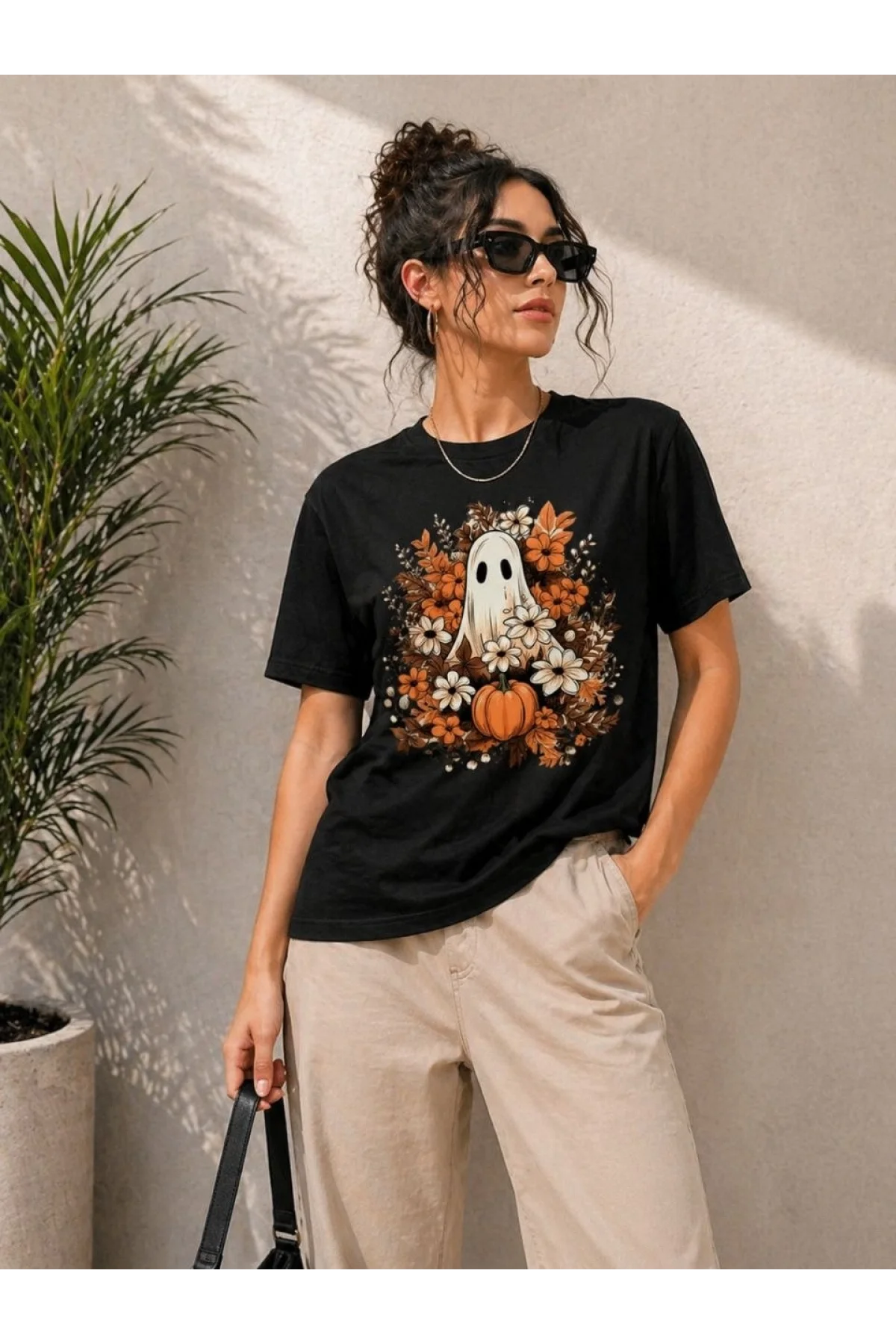 Kadın Balkabağı Hayalet Baskılı Tişört Kısa Kol Yazlık T-Shirt - Siyah