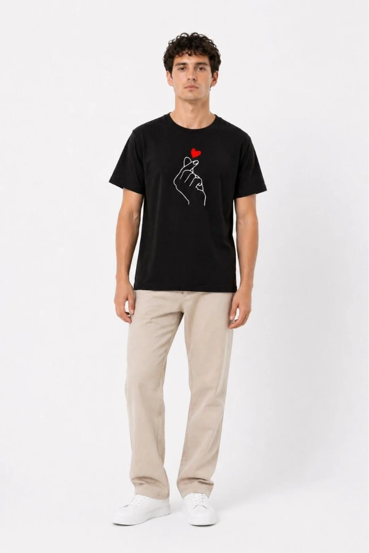 Erkek Kore Parmak Kalp Aşk Temalı Minimal Baskılı Tişört Yazlık Kısa Kol T-Shirt - Siyah