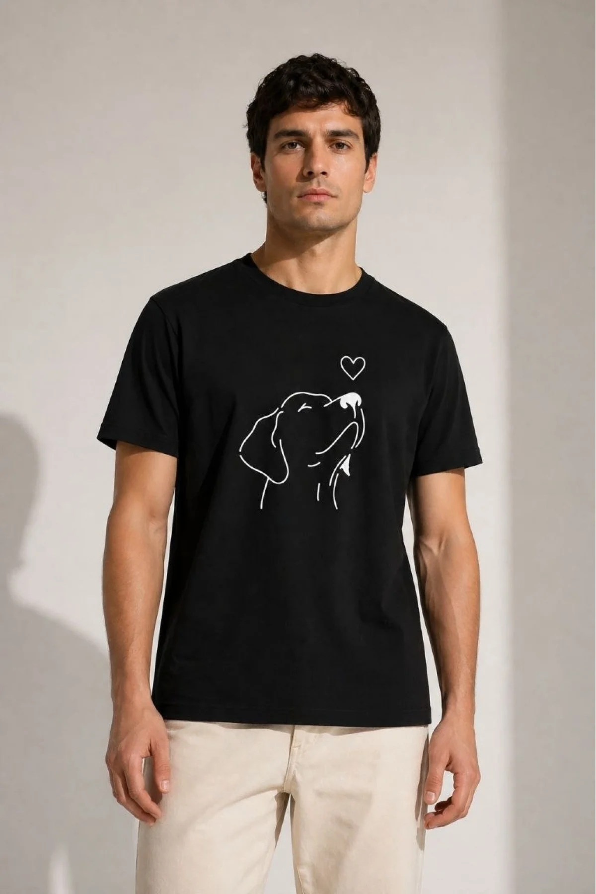 Erkek Köpek Figürlü Minimal Baskılı Tişört Kısa Kol Yazlık T-Shirt - Siyah