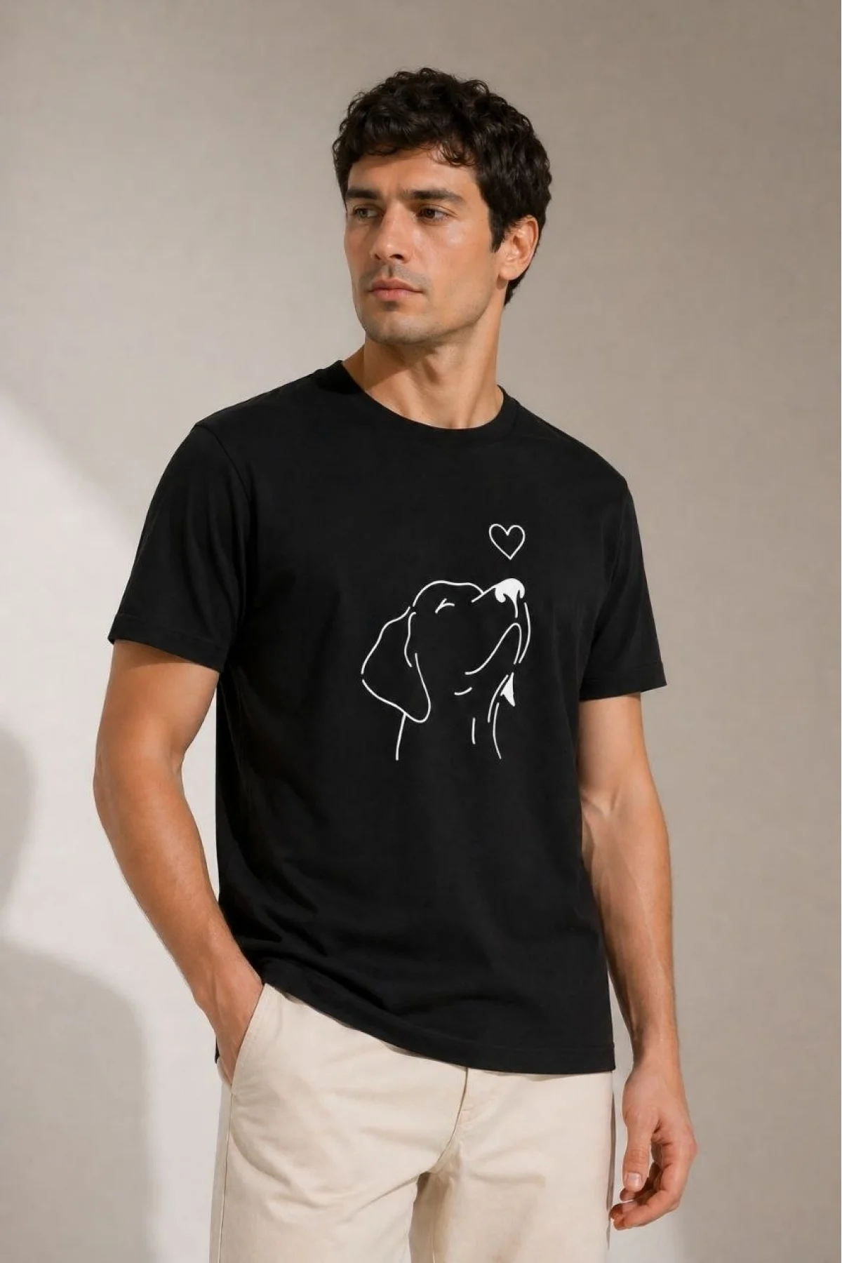 Erkek Köpek Figürlü Minimal Baskılı Tişört Kısa Kol Yazlık T-Shirt - Siyah