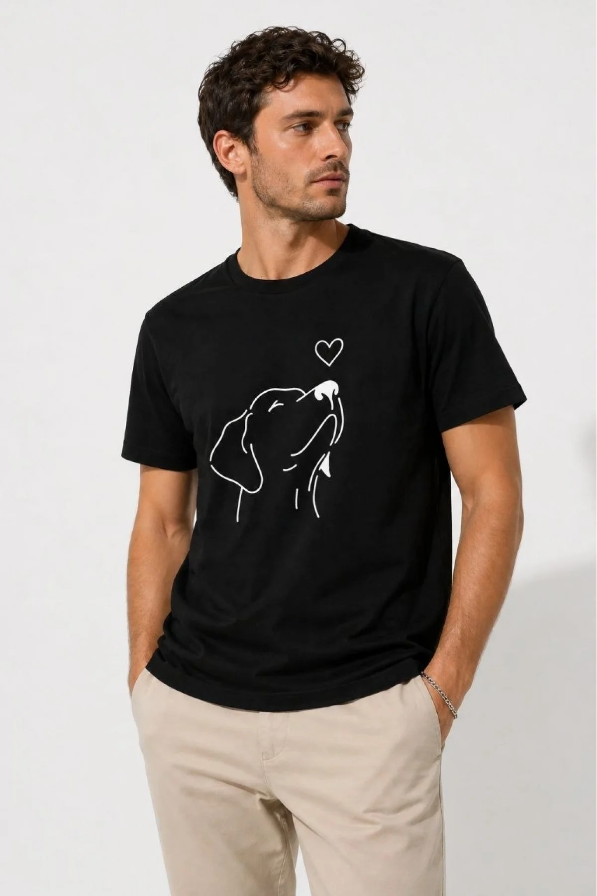Erkek Köpek Figürlü Minimal Baskılı Tişört Kısa Kol Yazlık T-Shirt - Siyah