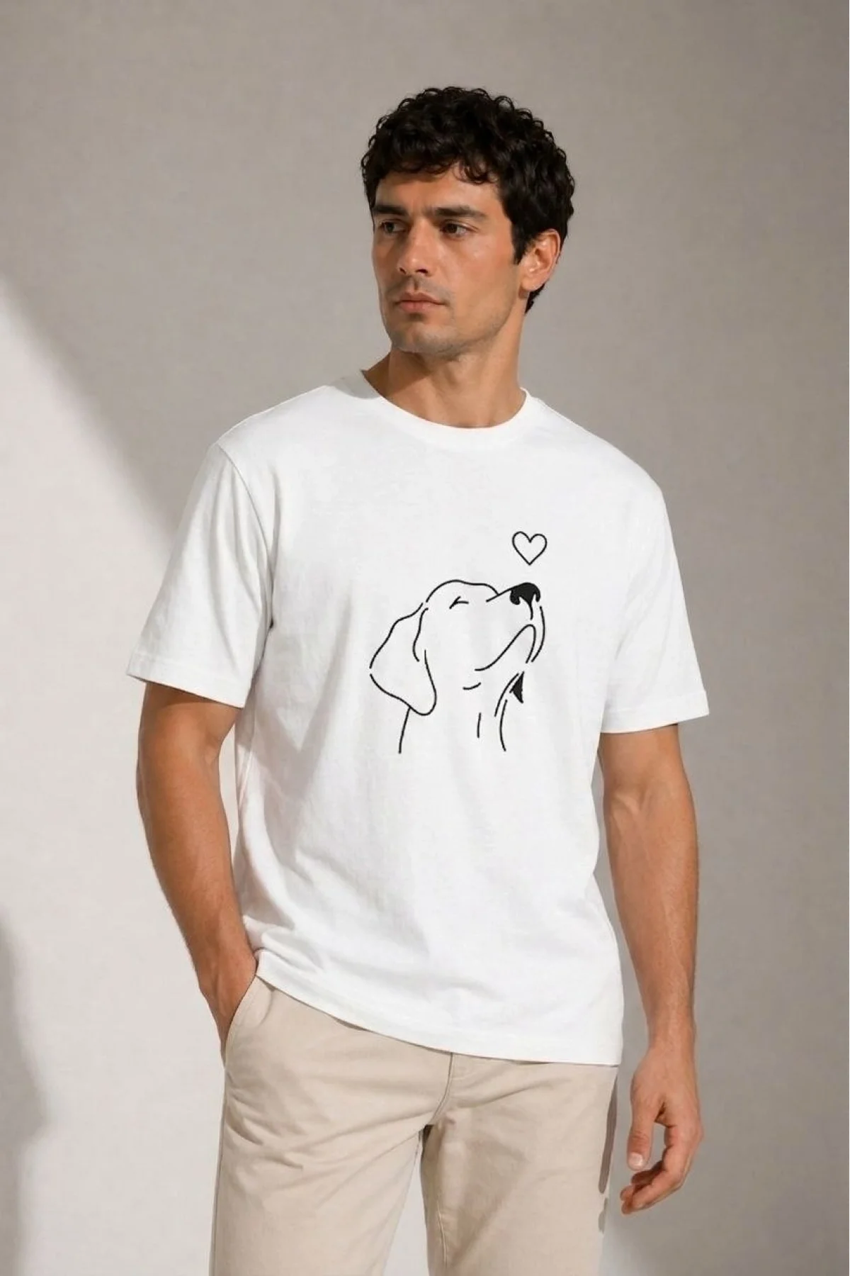 Erkek Köpek Figürlü Minimal Baskılı Tişört Kısa Kol Yazlık T-Shirt - Beyaz