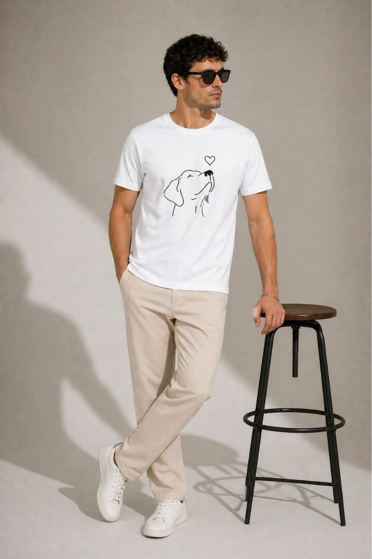 Erkek Köpek Figürlü Minimal Baskılı Tişört Kısa Kol Yazlık T-Shirt - Beyaz