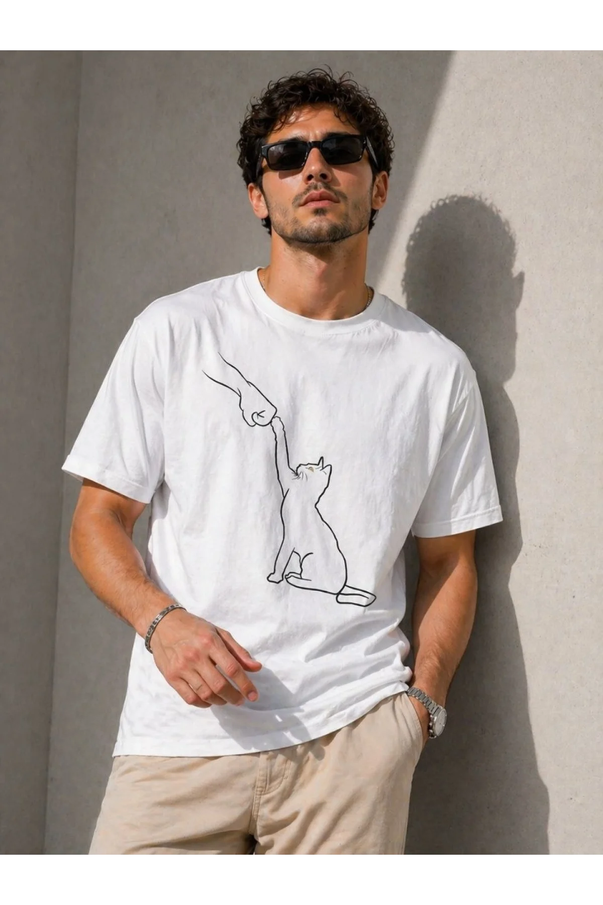 Erkek Minimal Kedi Çizim Baskılı Tişört Kısa Kol Yazlık T-Shirt - Beyaz