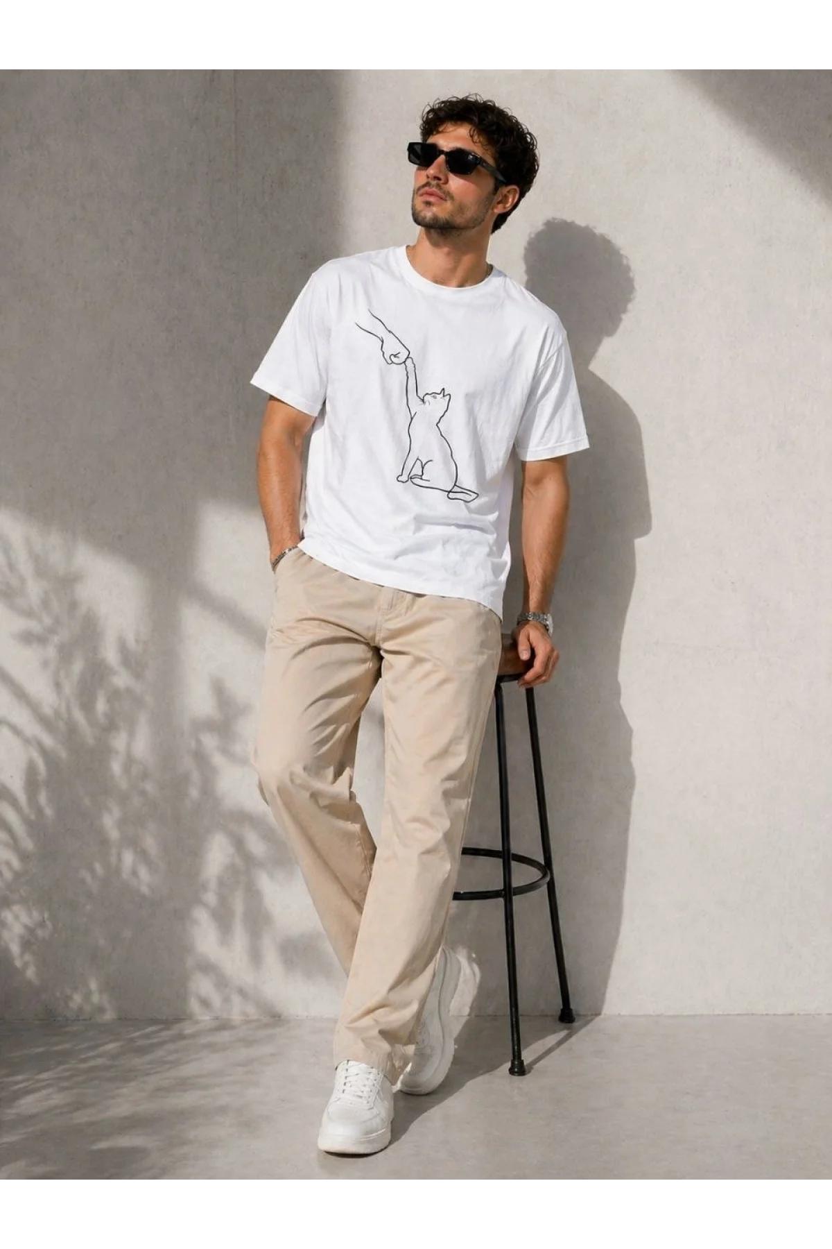 Erkek Minimal Kedi Çizim Baskılı Tişört Kısa Kol Yazlık T-Shirt - Beyaz