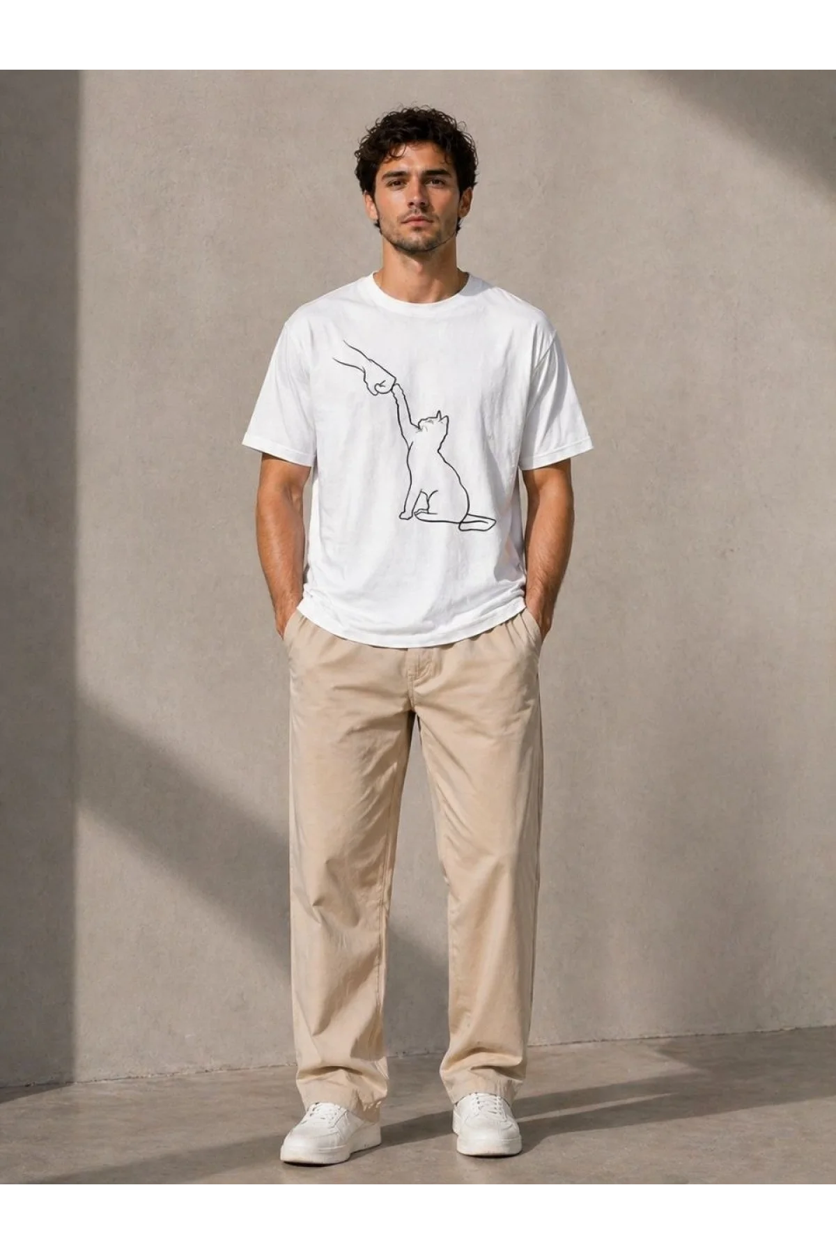 Erkek Minimal Kedi Çizim Baskılı Tişört Kısa Kol Yazlık T-Shirt - Beyaz