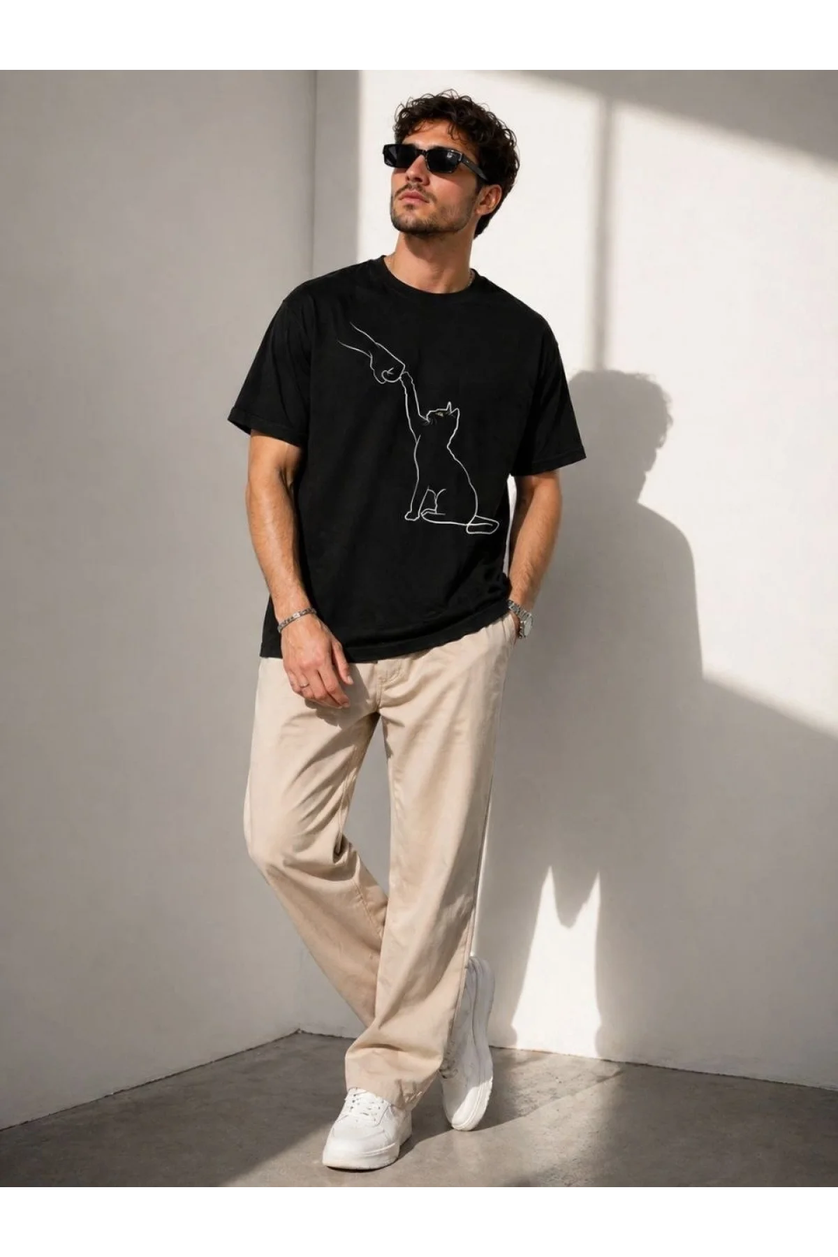 Erkek Minimal Kedi Çizim Baskılı Tişört Kısa Kol Yazlık T-Shirt - Siyah