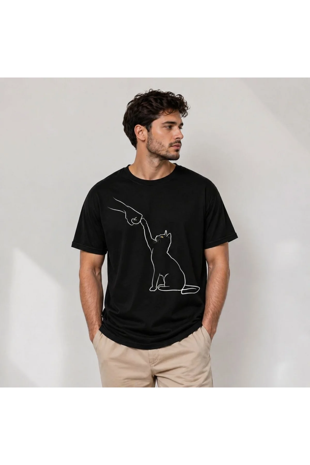 Erkek Minimal Kedi Çizim Baskılı Tişört Kısa Kol Yazlık T-Shirt - Siyah