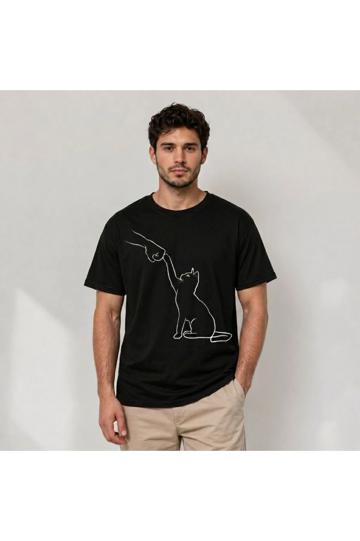 Erkek Minimal Kedi Çizim Baskılı Tişört Kısa Kol Yazlık T-Shirt - Siyah